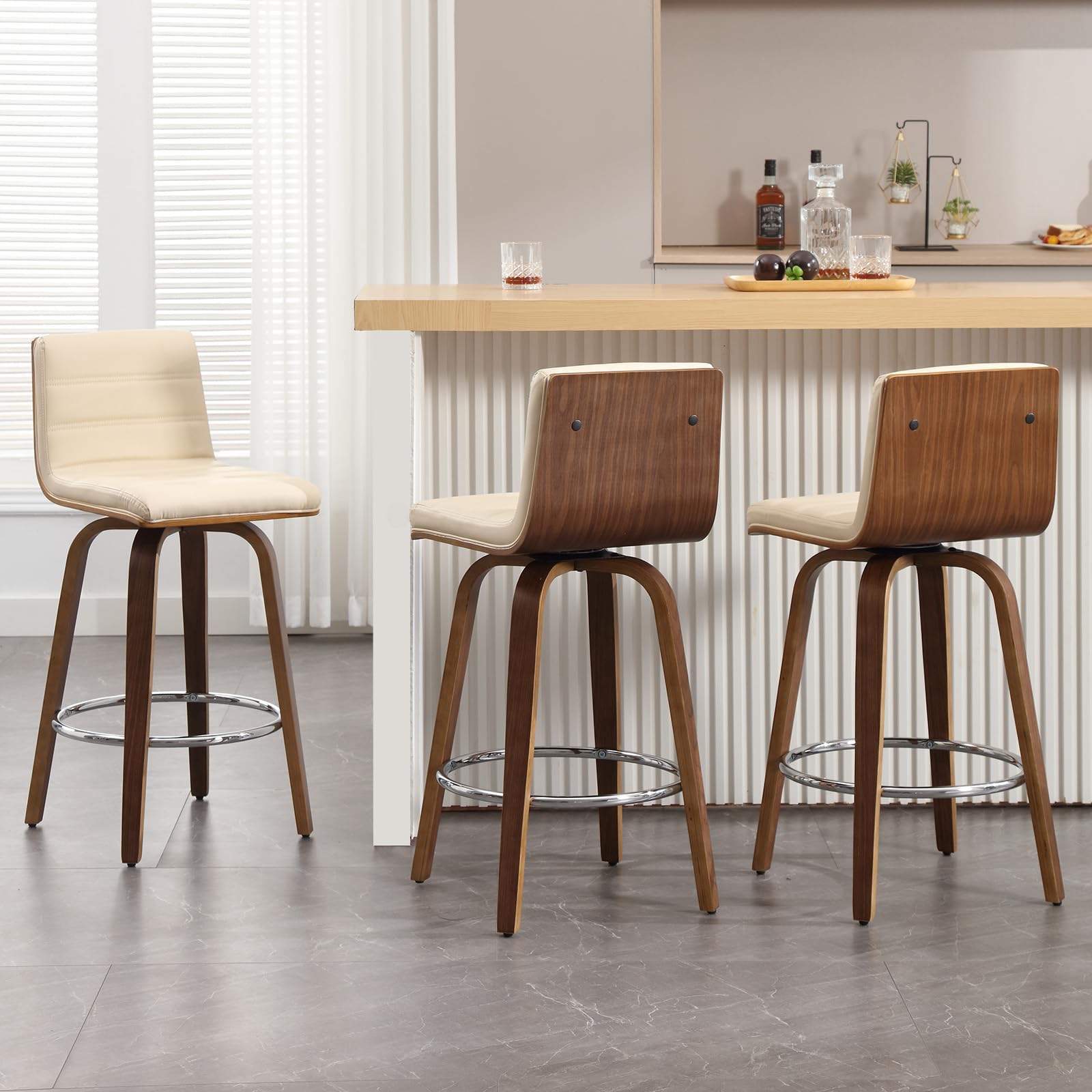 Bar Stools 29 Inch Bar Height, Swivel Bar Stools with Backs Upholstered PU Leather Barstool, L Shape Back and Padded Seat, Mid-Century Modern Bar Stool Pub Chairs for Kitchen Counter Island, Black