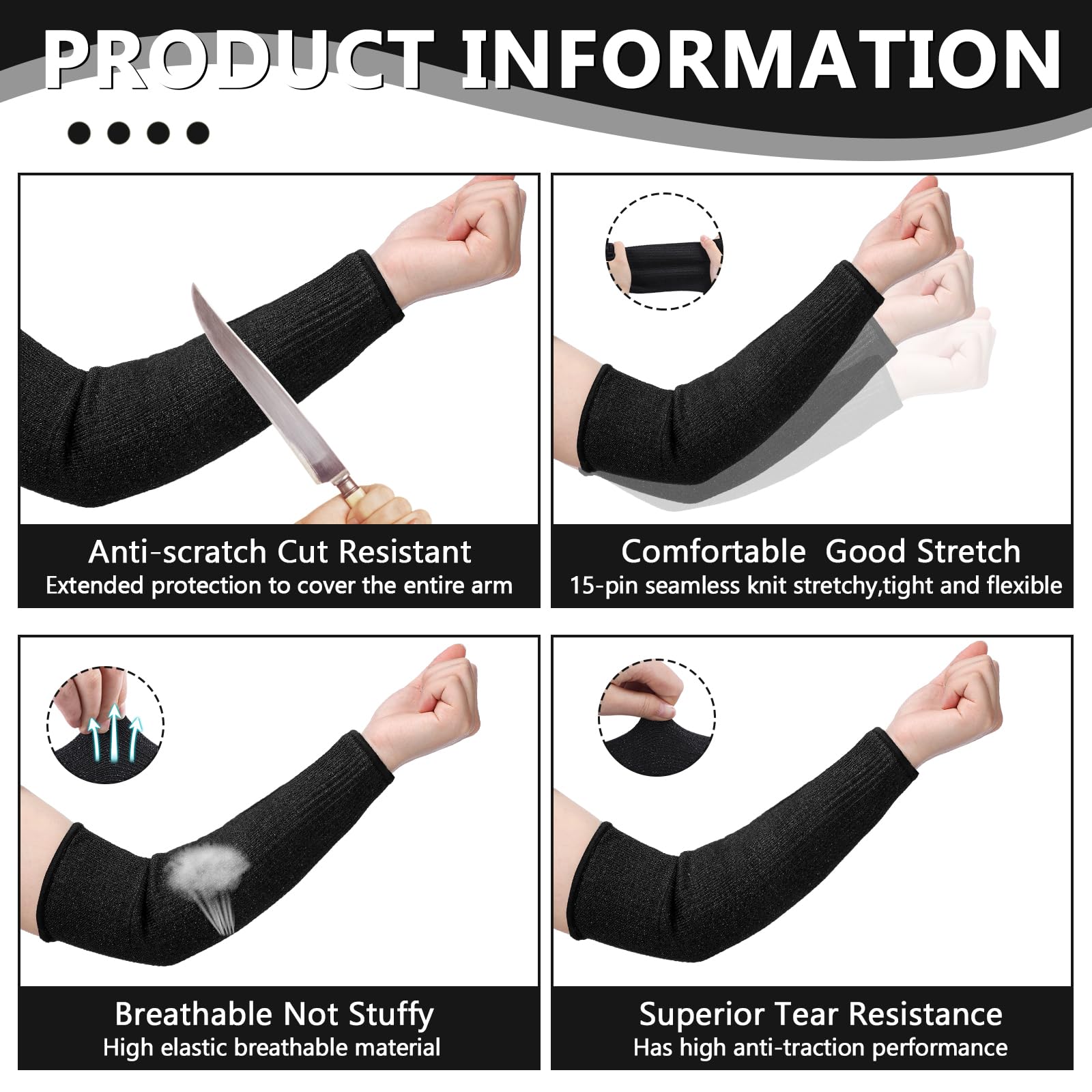 Sintege 3 Pairs Arm Protectors for Thin Skin and Bruising Cut Resistant Forearm Sleeve Level 5 Arm Burn Protection Sleeve (Black,7.9 Inch)