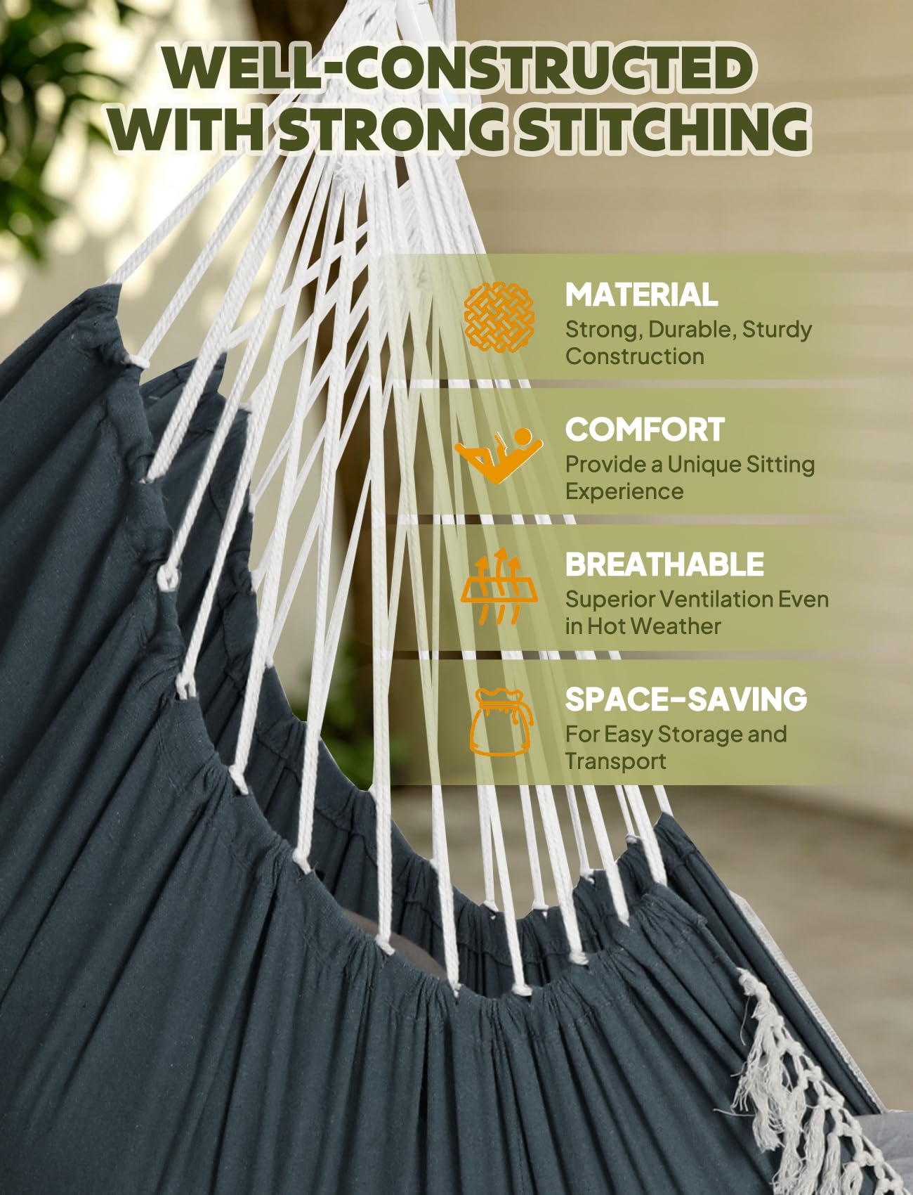 Chihee Hammock Chair Hanging Swing Max 500 Lbs 2 Cushions Included Metal Spreader Bar with Anti-Slip Grooves Portable Hanging Chair Side Pocket Large Macrame Bohemian Chair Indoor Outdoor | Hanging Swing with Anti-Slip Grooves Portable Hanging Chair Side