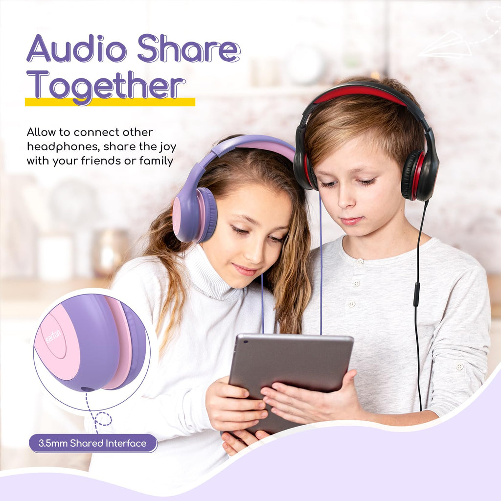 EarFun K1 Kids Headphones Wired with Microphone, 85/94dB Volume Limit Headphones for Kids, Portable Wired Headphone with Shareport, Stereo Sound Foldable Headset for School/Tablet/iPad, Black Red