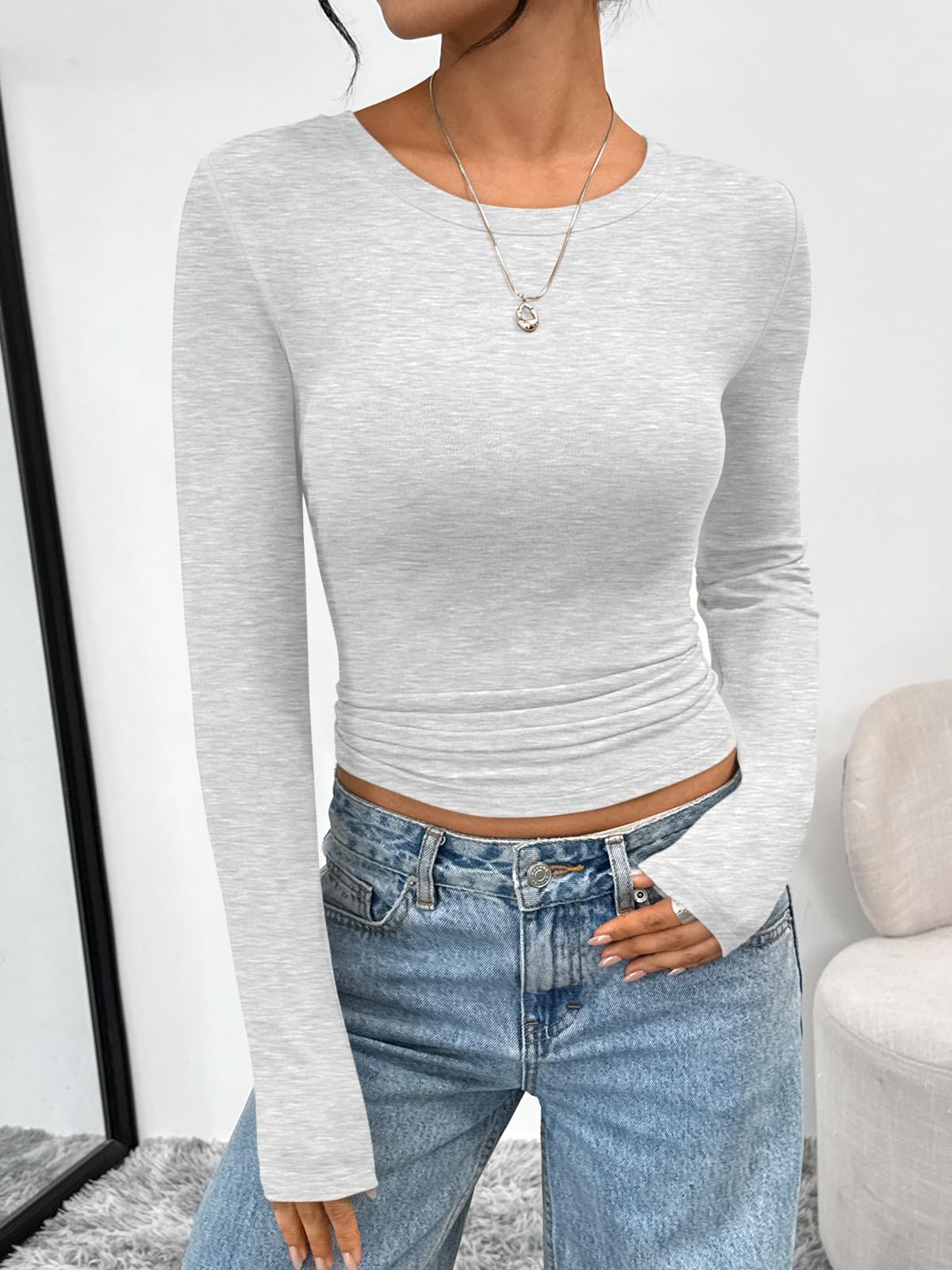 Trendy Queen Womens Long Sleeve T-Shirts Basic Crop Tops 2026 Spring Fashion Outfits Going Out Winter Clothes