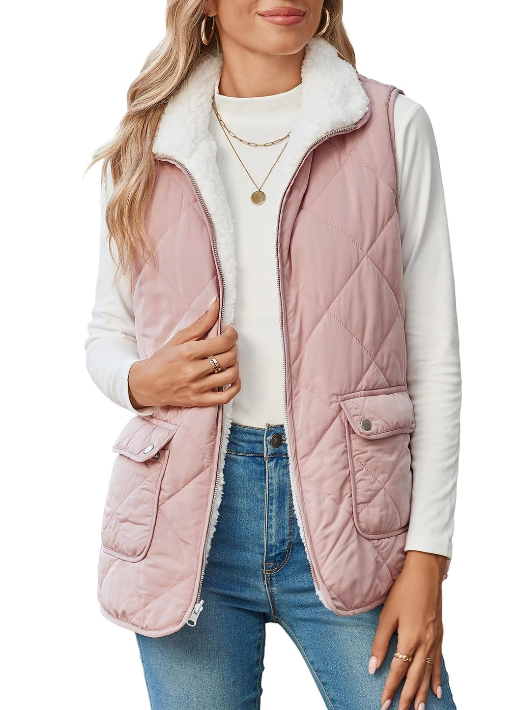 SHEWIN Women Puffer Vest Casual Stand Collar Sleeveless Puffer Jacket Warm Winter Reversible Zip Up Outerwear with Pockets