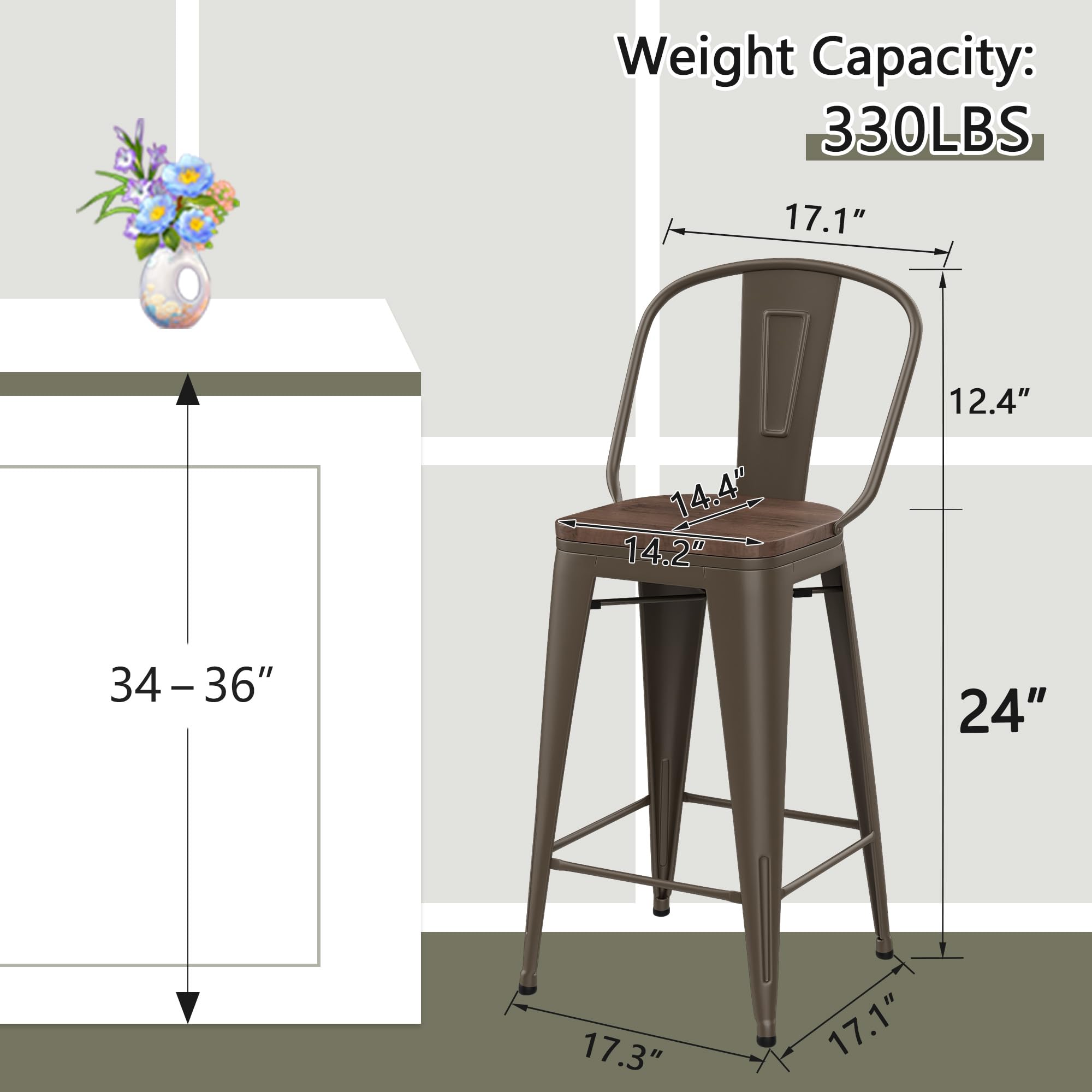 Barstools Set of 4 Counter Height Bar Stools for Kitchen Island Farmhouse Metal High Back Bar Chairs Wooden Seat 24" Matte Black