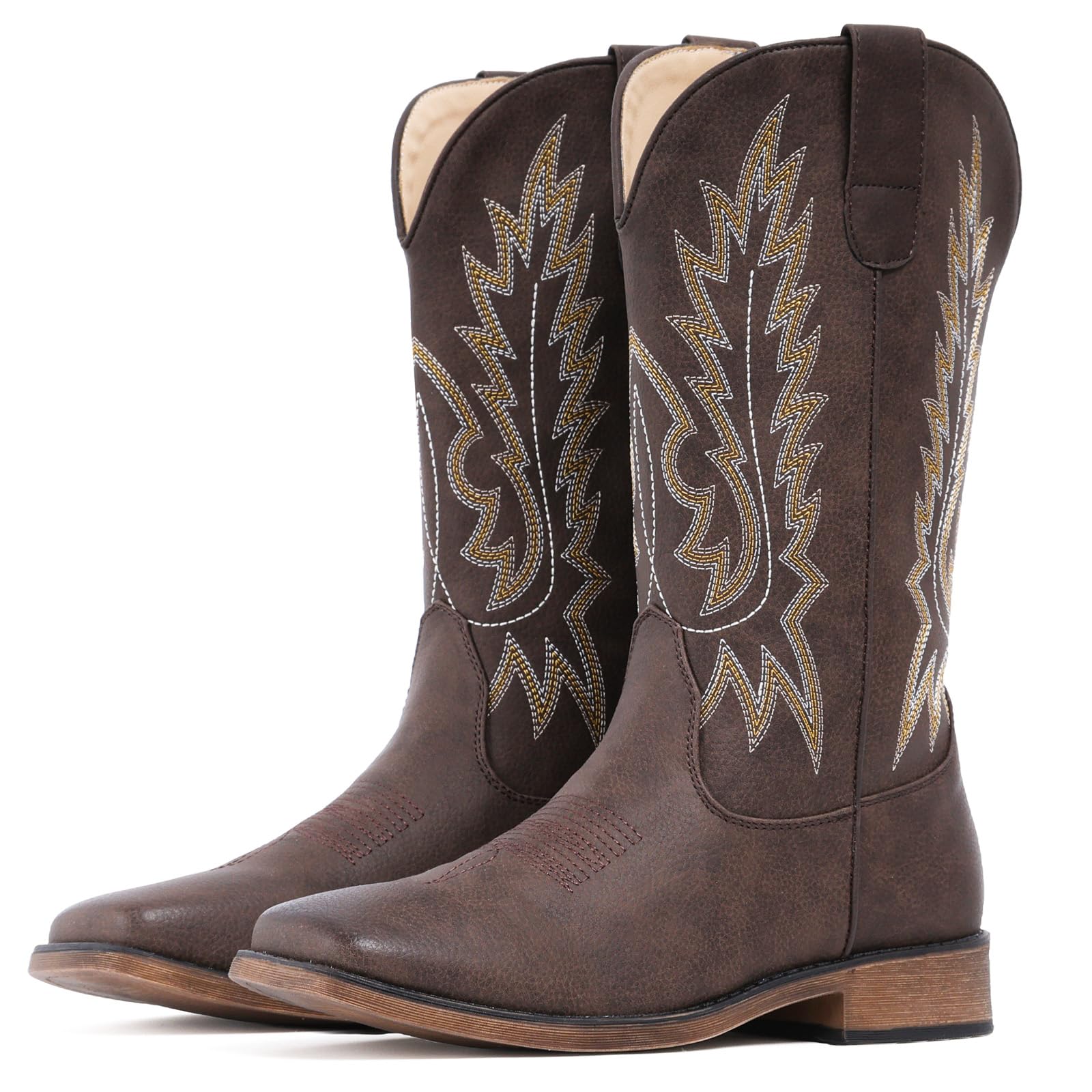 IUV Cowboy Boots For Women Square Toe Wide Western Boots Mid Calf Cowgirl Boots Pull On Embroidered Brown Cowboy Boots