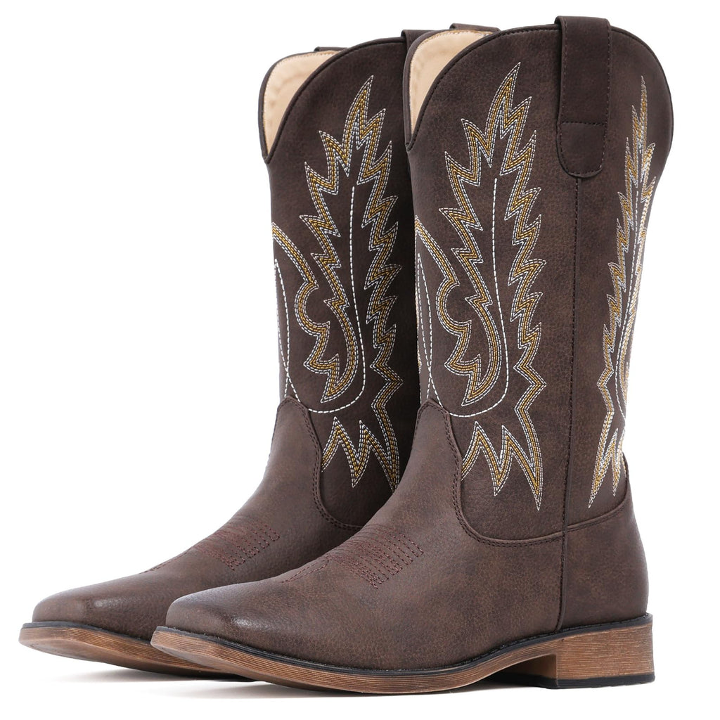 IUV Cowboy Boots For Women Square Toe Wide Western Boots Mid Calf Cowgirl Boots Pull On Embroidered Brown Cowboy Boots