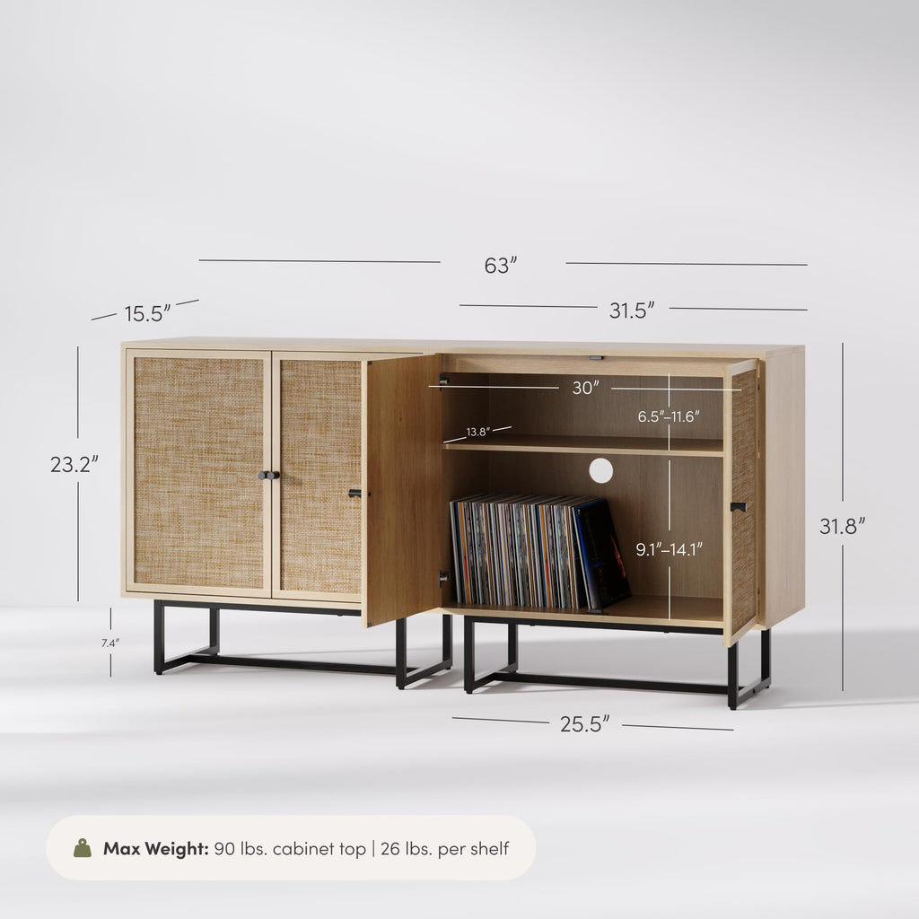 Nathan James Kova Rattan Wood Accent Sideboard Storage Cabinet with Matte Metal Frame, Adjustable Interior Shelves and Cane Doors, for Hallway, Entryway or Living Room, Black Oak/Cane