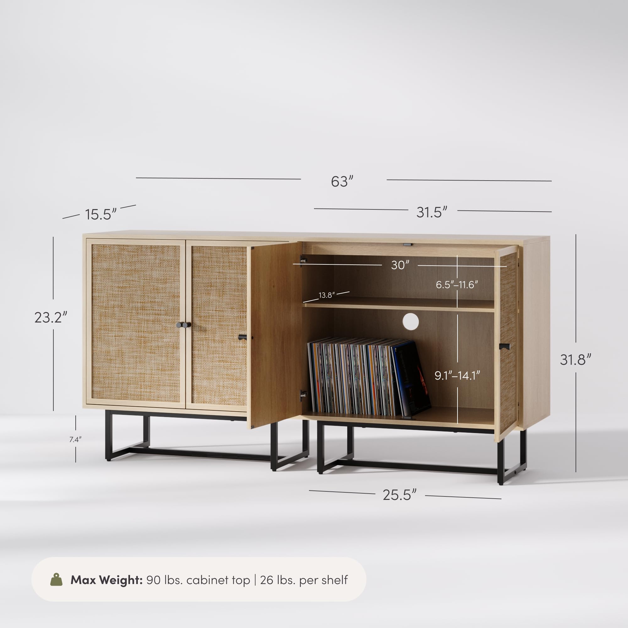 Nathan James Kova Rattan Wood Accent Sideboard Storage Cabinet with Matte Metal Frame, Adjustable Interior Shelves and Cane Doors, for Hallway, Entryway or Living Room, Black Oak/Cane