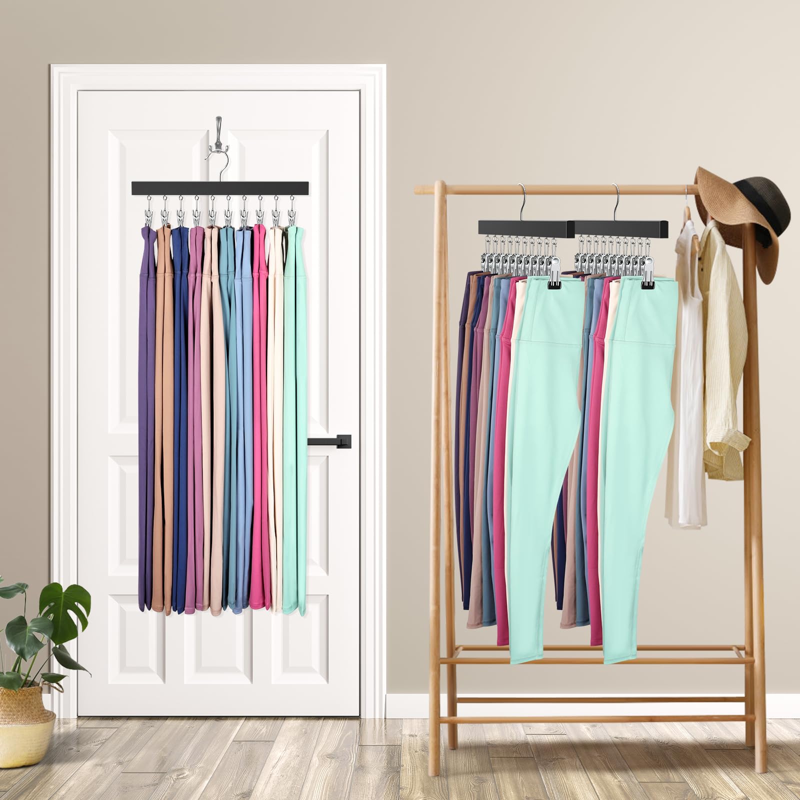 Legging Organizer for Closet, Pants Hangers with Clips Holds 20 Leggings, Jeans, Hats, Shorts, Socks, 360° Rotating Space Saving Hanging Lightweight Garment Hanger Storage 2Pcs