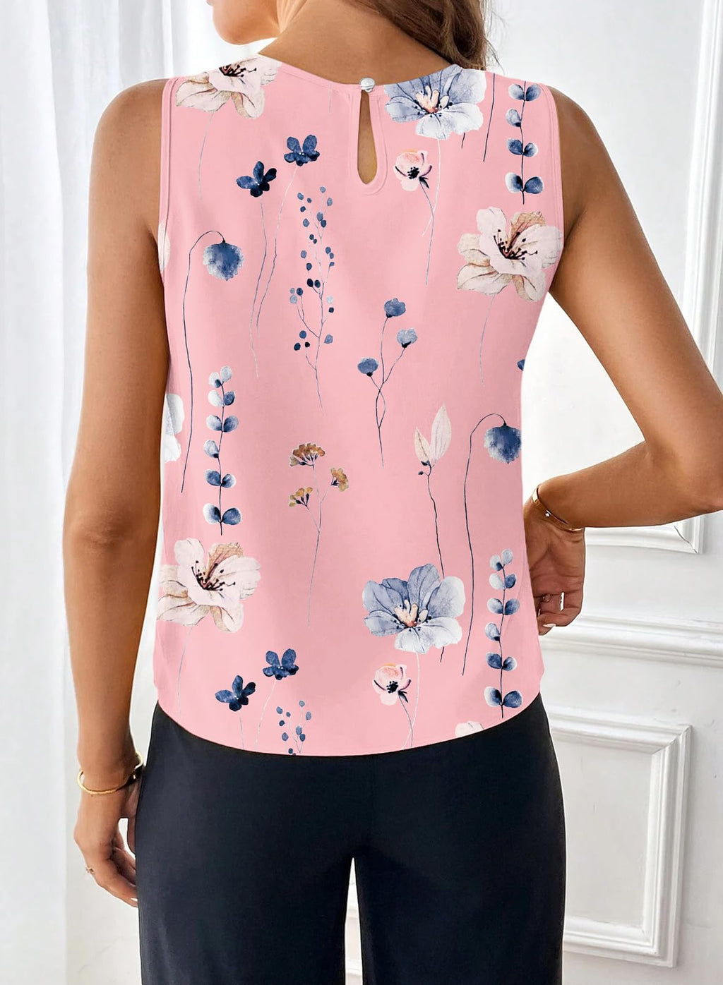 Samefar Womens Summer Tank Tops Pleated Crewneck Casual Loose Chiffon Blouses Sleeveless Tops Business Work Shirts