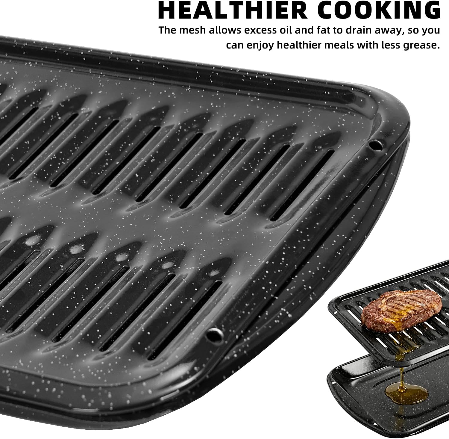 16.75" Broiler Pan for Oven with Rack, 2-Piece Thick Porcelain Enamel Roasting Pan Set, Heavy Duty Grill Pan & Drip Tray, Large Nonstick Oven Pan for Baking, Grilling & Roasting Bacon, Steak, Meats