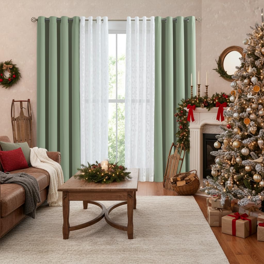 Jubilantex Full Blackout Curtains + Leaf Sheer Window Panels, Beige Mix and Match Style Double Layer Window Treatment Sets for Bedroom Living Room, 4 Panels 52" W x 63" L, Beige and White