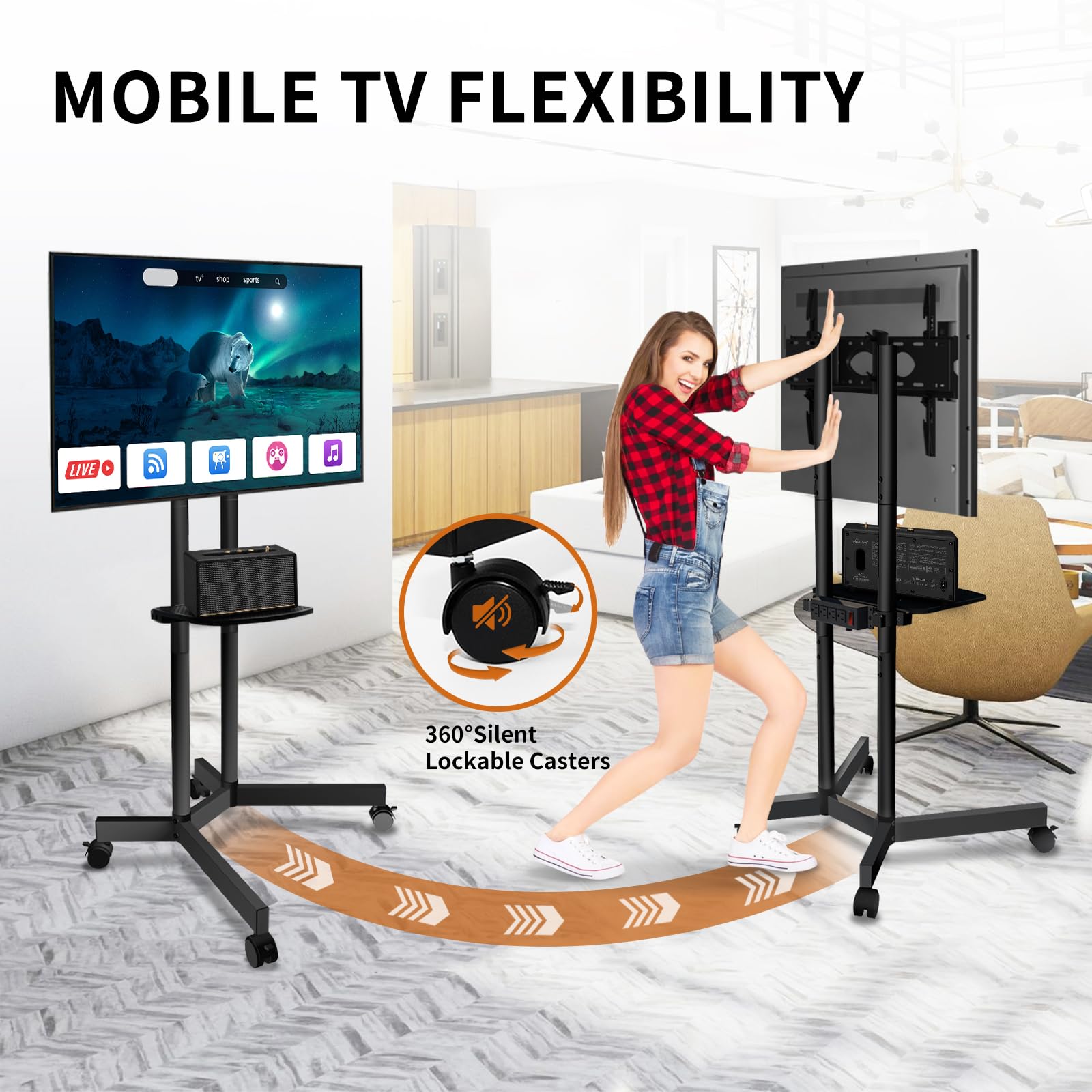 Solid Grace Rolling TV Stand with Power Outlet for 32-75 Inch TVs up to 88lbs, Portable TV Stand with Shelf, Mobile TV Cart for Living Room, Office, Meeting Room, Outdoor(with Power Outlet+Shelf)