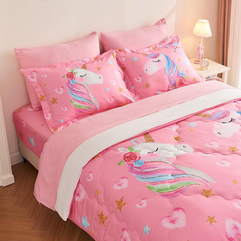 Wajade 7 Piece Blue Bow Comforter Set for Girls Kids Twin Size Bedding Set with Sheet and 2 Pillowcases 2 Pillow Shams Cute Girls Bed in a Bag as Birthday Choice