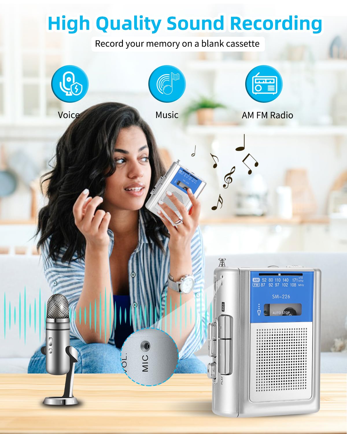 SEMIER Small Cassette Player Recorder, Portable AM FM Vintage Tape Cassette Player with Big Speaker and Headphones, Built-in Microphone, Powered by DC or AA Battery for Walking