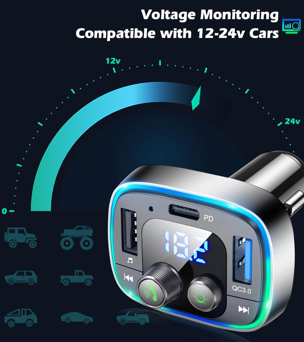 LIHAN FM Transmitter for Car Bluetooth Adapter 5.4,48W PD+QC Fast Charging,Hands-Free Calling,Streams Spotify/Navigation/Music via Car Radio,Wireless Upgrade Non-Bluetooth Cars,USB-C,USB/TF,12V/24V
