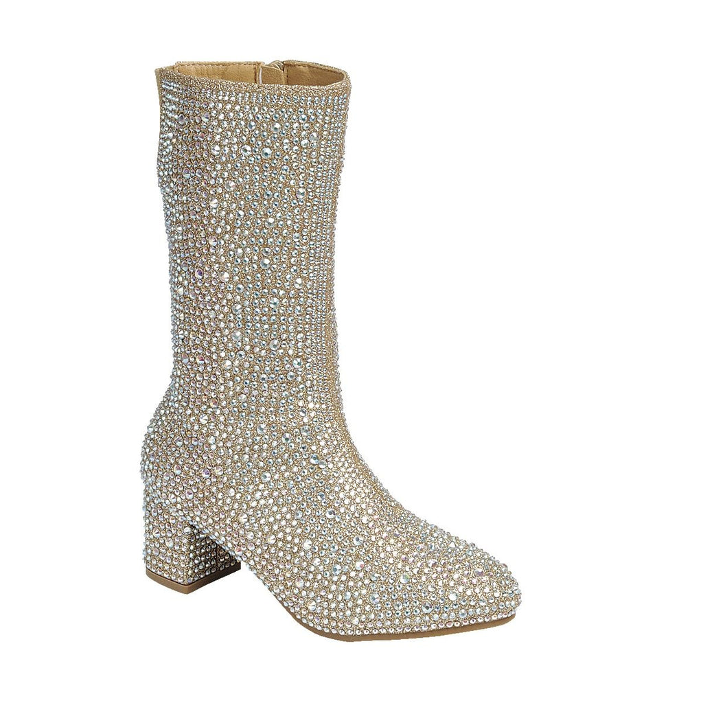 ABSOLEX Girl's Rhinestone Round Toe Knee High Chunky Low Heel Boot