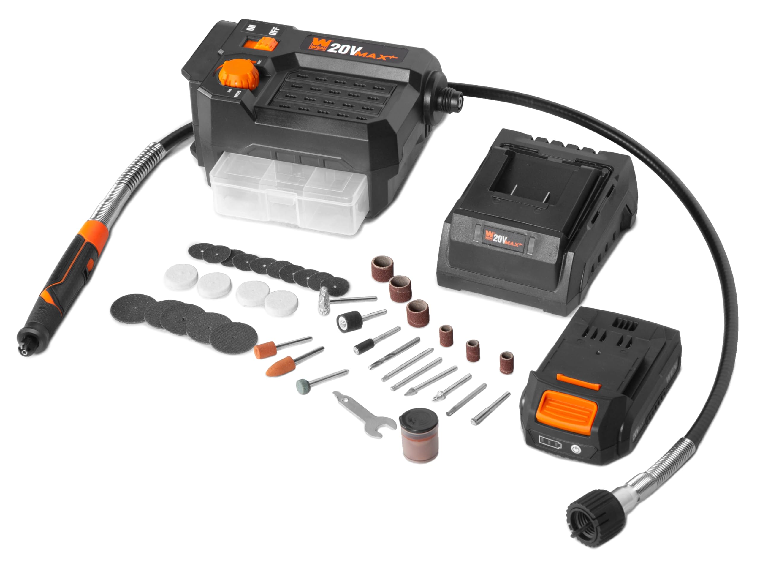 WEN 20V Max Cordless Variable Speed Rotary Tool Station with Flex Shaft, 40 Accessories, 2Ah Li-Ion Battery, and Charger (20923)