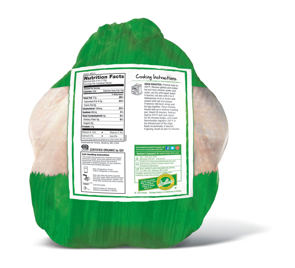 Perdue Harvestland, Organic Whole Chicken, with Giblets, Free Range, 5 lb