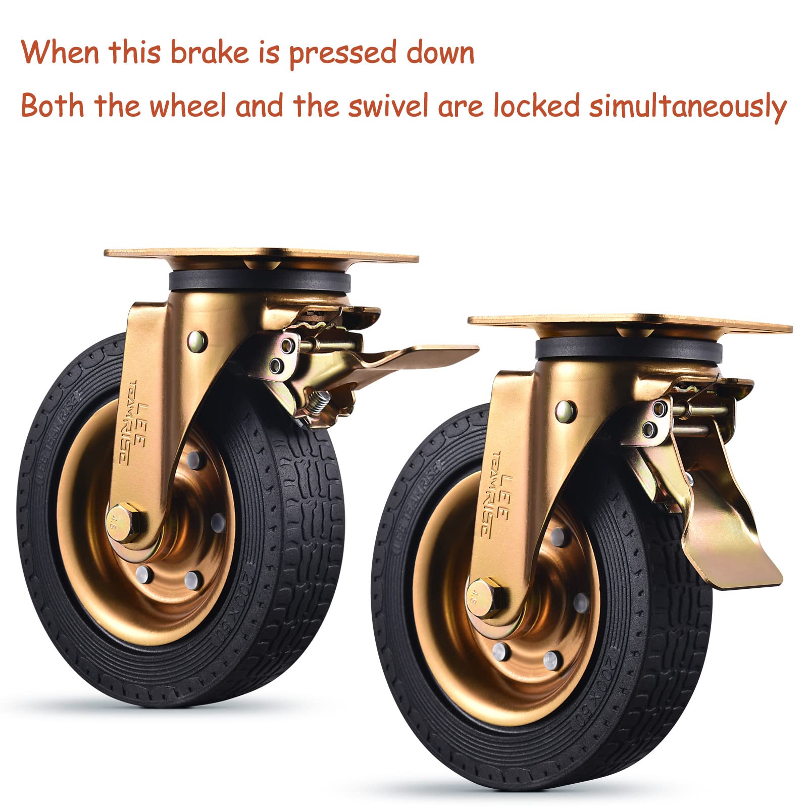 Caster Wheels Solid Rubber Heavy Duty Casters Set of 4 with Brake 3200Lbs 8 Inch Industrial 360-Degree Swivel Top Plate Castors Wheels for Furniture and Workbench Cart(Two Hardware Kits Include)