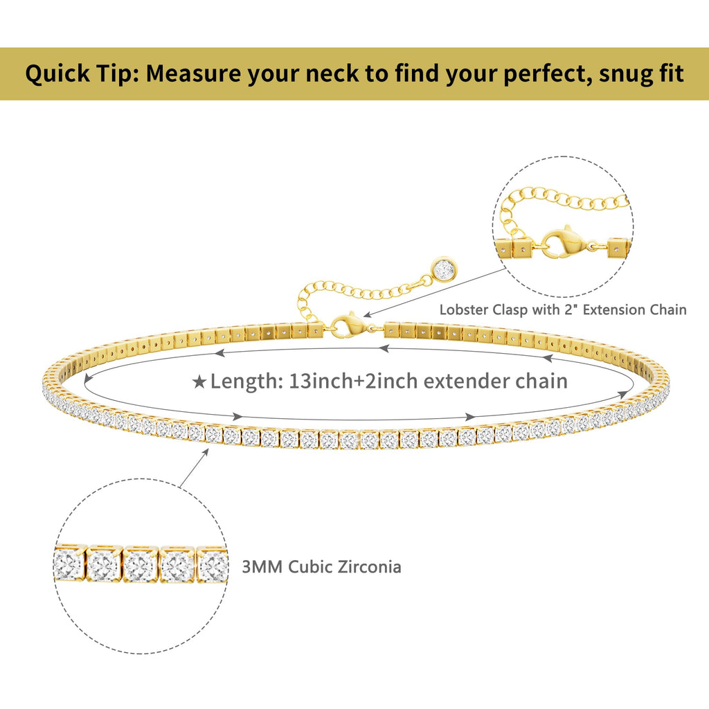 Robaice Tennis Necklace for Women, 14K Gold/Silver Plated Rhinestone Choker Necklace for Women, Dainty Cubic Zirconia Cut Faux Diamond Chain