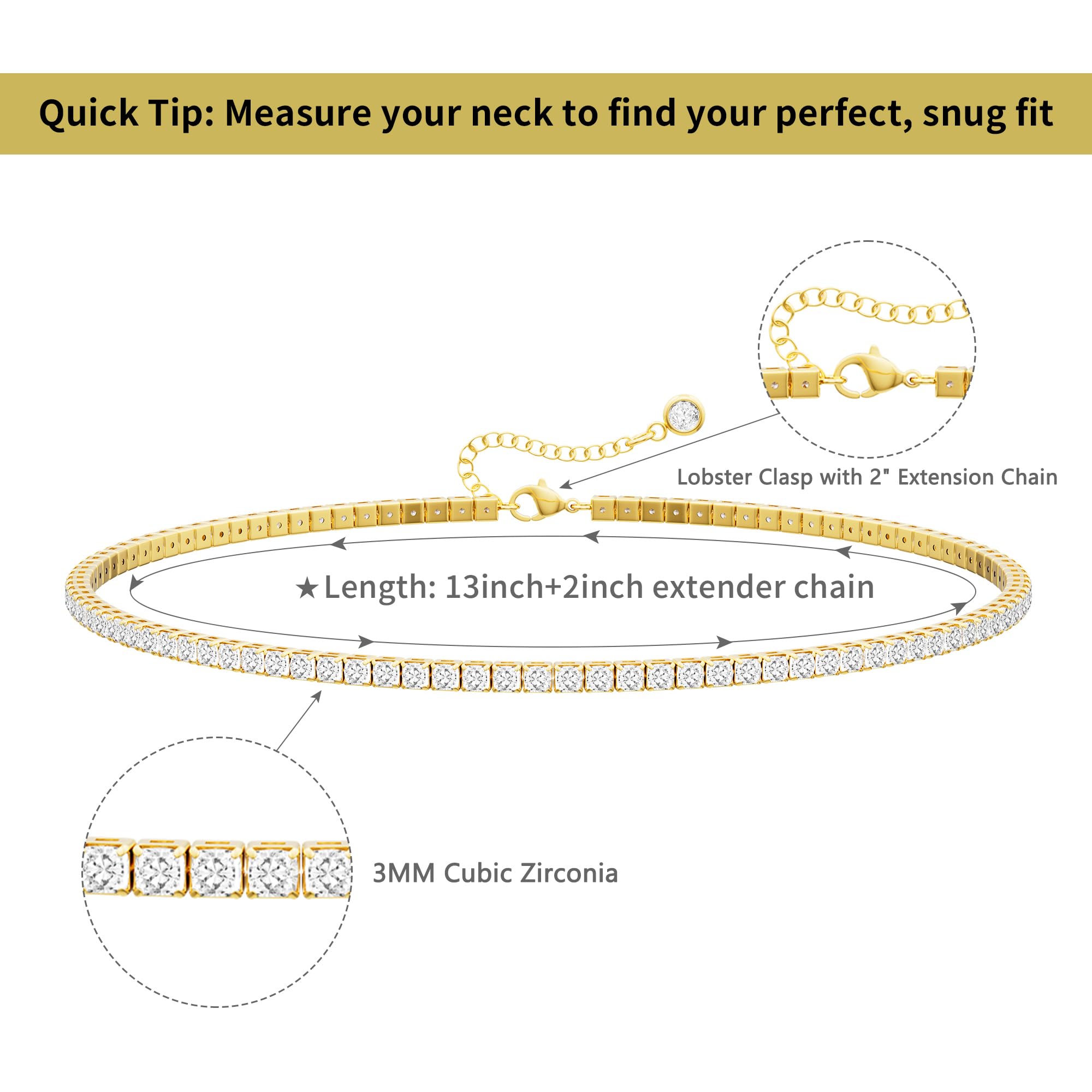 Robaice Tennis Necklace for Women, 14K Gold/Silver Plated Rhinestone Choker Necklace for Women, Dainty Cubic Zirconia Cut Faux Diamond Chain