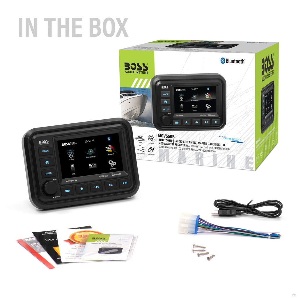 BOSS Audio Systems MGR250B Bluetooth Marine Radio Gauge Receiver, Built-In Amplifier, IPX6-Rated, USB Port + USB Charging