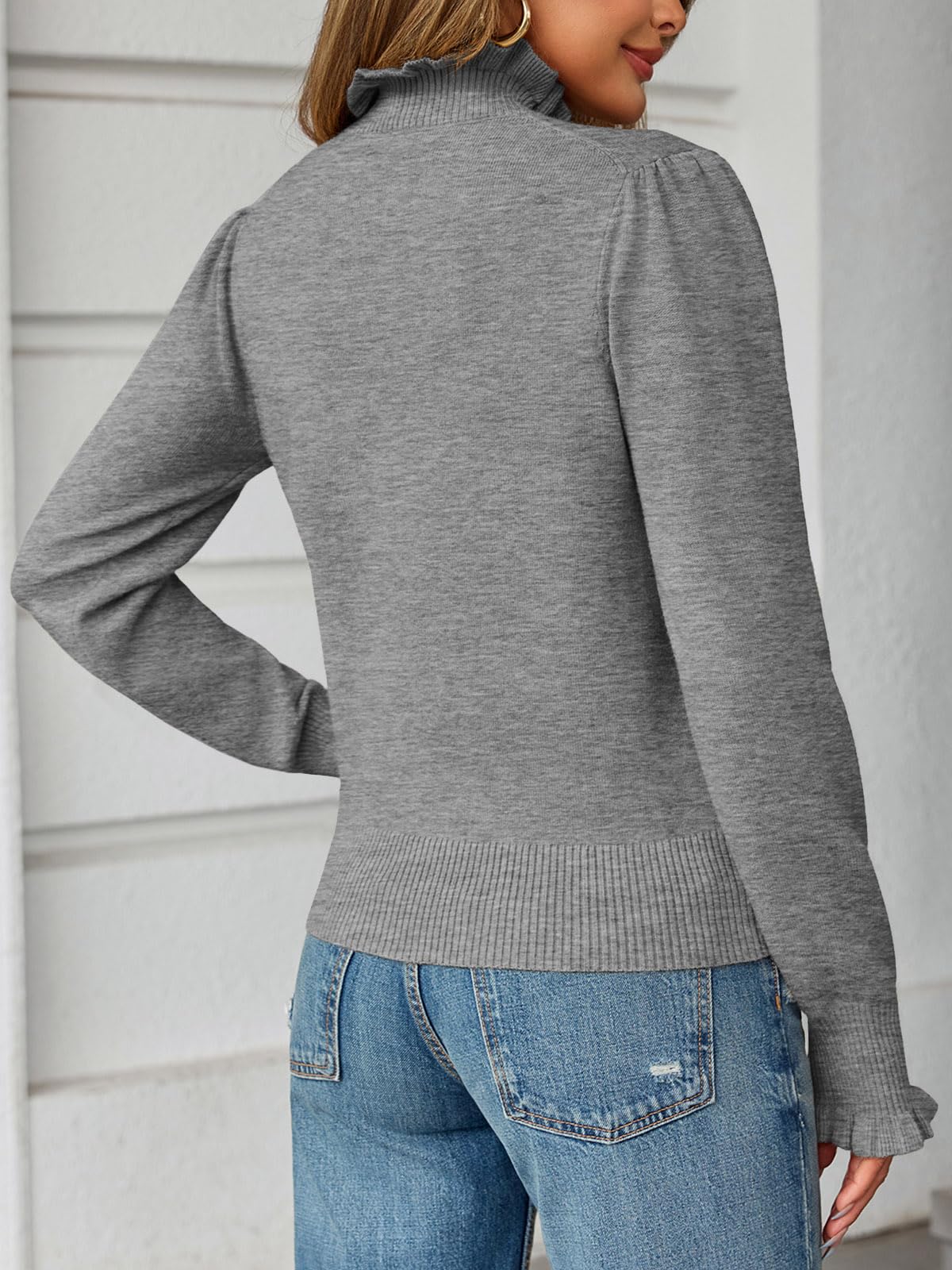 Saodimallsu Womens Ruffle Mock Neck Sweater Puff Long Sleeve Fall Soft Knit Casual Pullover Sweaters Top