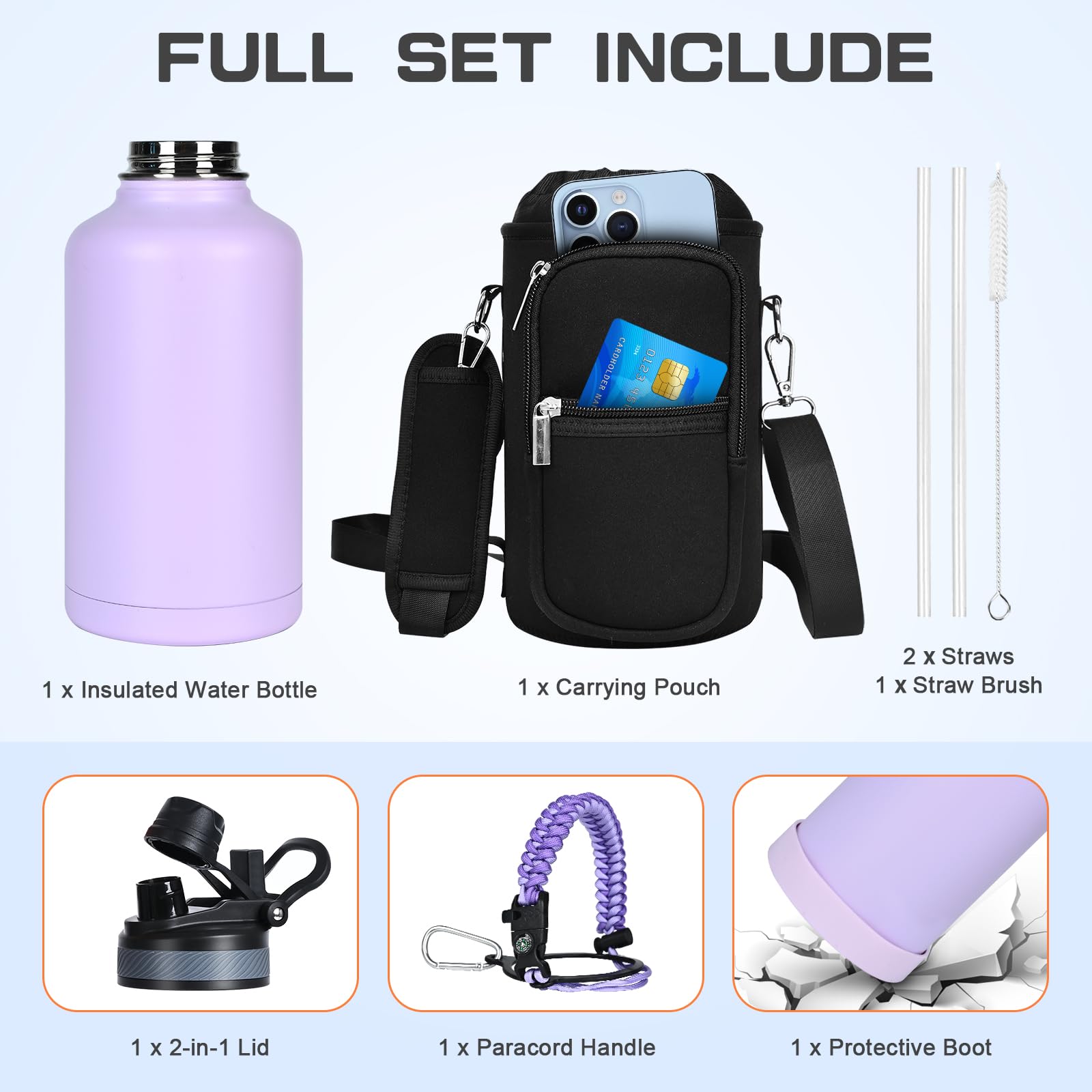GAZLEMHO 40 oz Insulated Water Bottle with Straw& Spout 2-in-1 Lid, Triple Wall Vacuum Stainless Steel Cold 48H, Leak Proof Sports Metal Flask Jug with Paracord Handle, Black