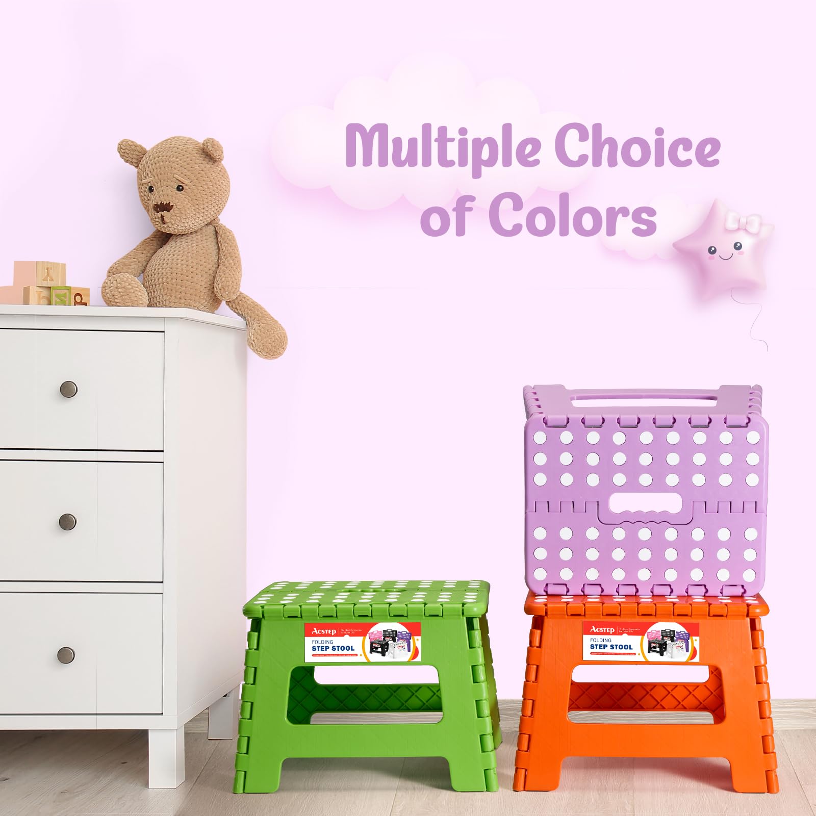 ACSTEP 9 Inch Folding Step Stool 300 LB Capacity Plastic Foldable Step Stools for Kids and Adults, Folding Stool Suitable for Kitchen, Stepping Stool with Handle Bicolor Green Small Step Stool 1PC