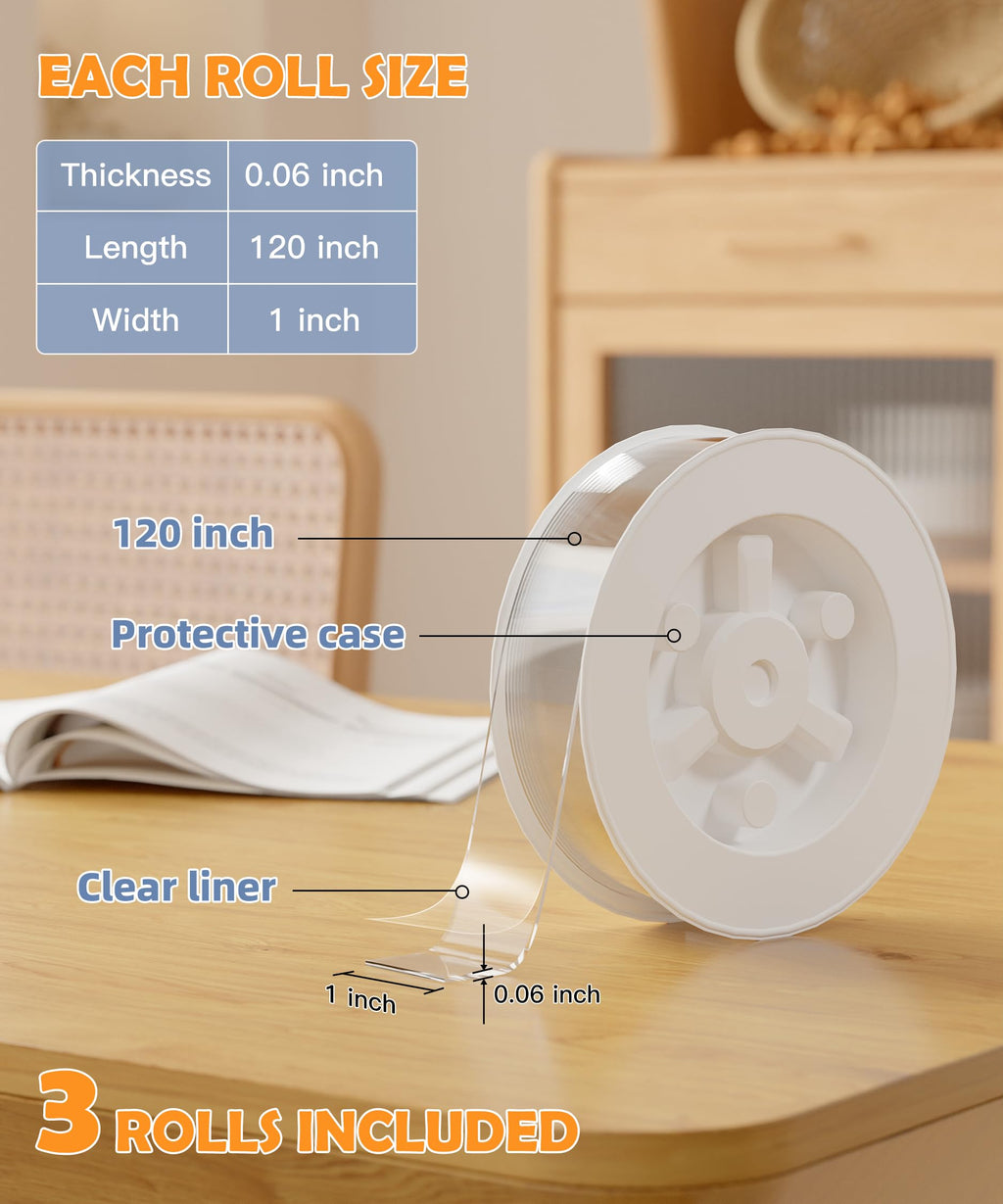 PPB Double Sided Tape for Heavy Duty Applications, Removable Mounting Tape, Nano Tape, Extra Large Clear Transparent Adhesive Strips for Poster Carpet Picture Hanging Strip Rug Wall Outdoor, 3-Pack