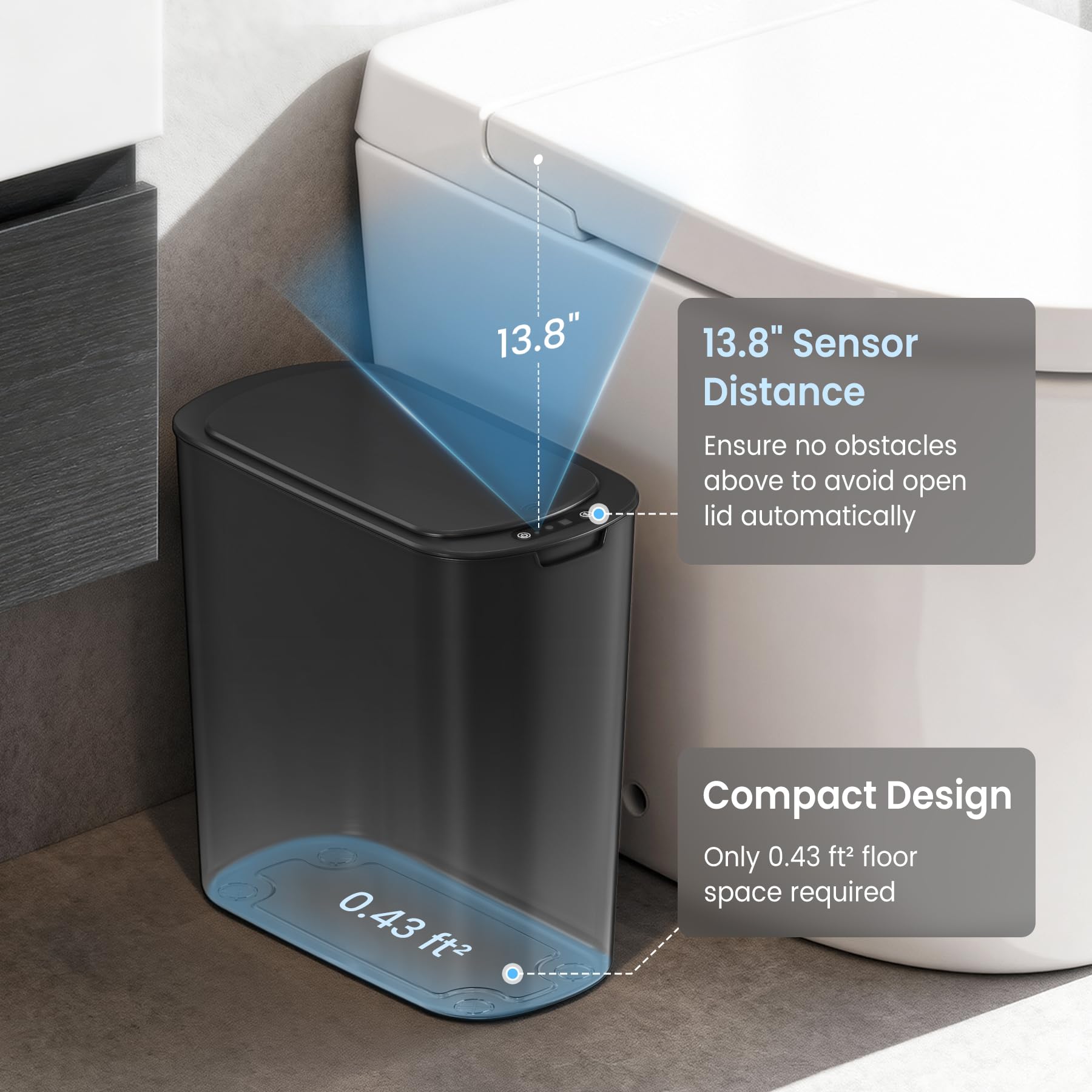 Cesun Automatic Motion Sensor Black Bathroom Trash Can with Lid, 2.6 Gallon Touchless Trash Bin, Smart Plastic Slim Garbage Can Small Wastebasket for Toilet, Office, rv, Bedroom, Living Room