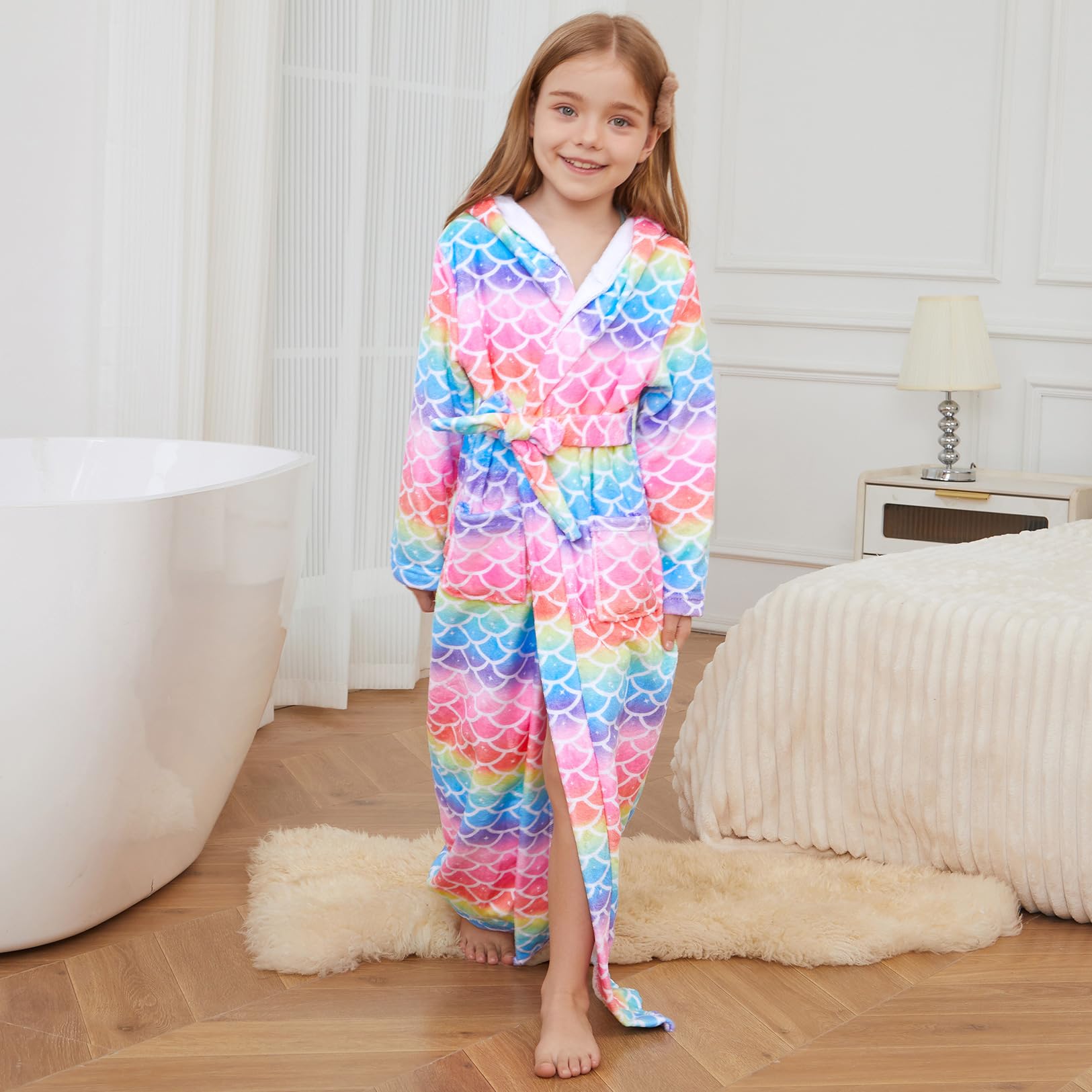 Jxstar Girls Bathrobes Kids Long Hooded Robes Plush Full Length Coral Fleece Pajamas Sleepwear