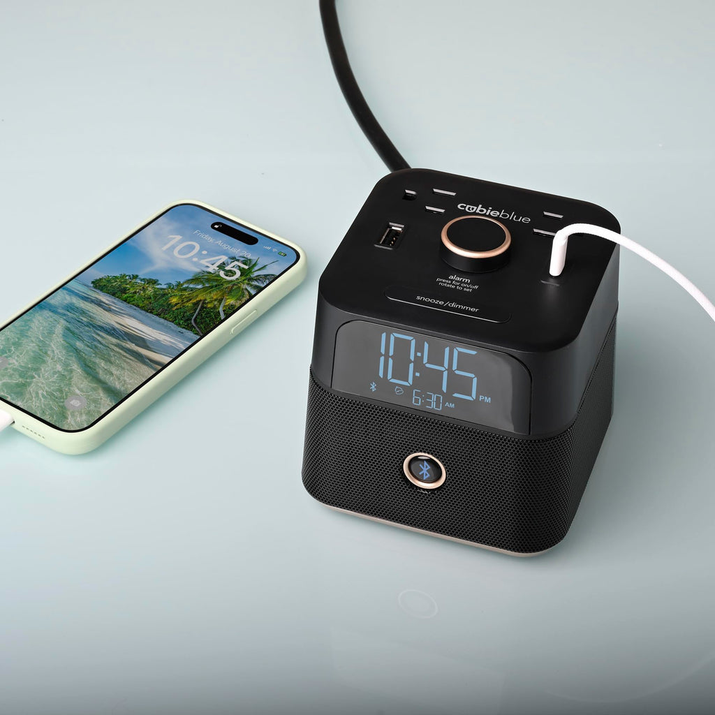 Brandstand | CubieBlue | User Friendly & Convenient Alarm Clock Charger | 2 USB Ports | 2 Tamper Resistant Sockets | Brandstand Bluetooth Speaker