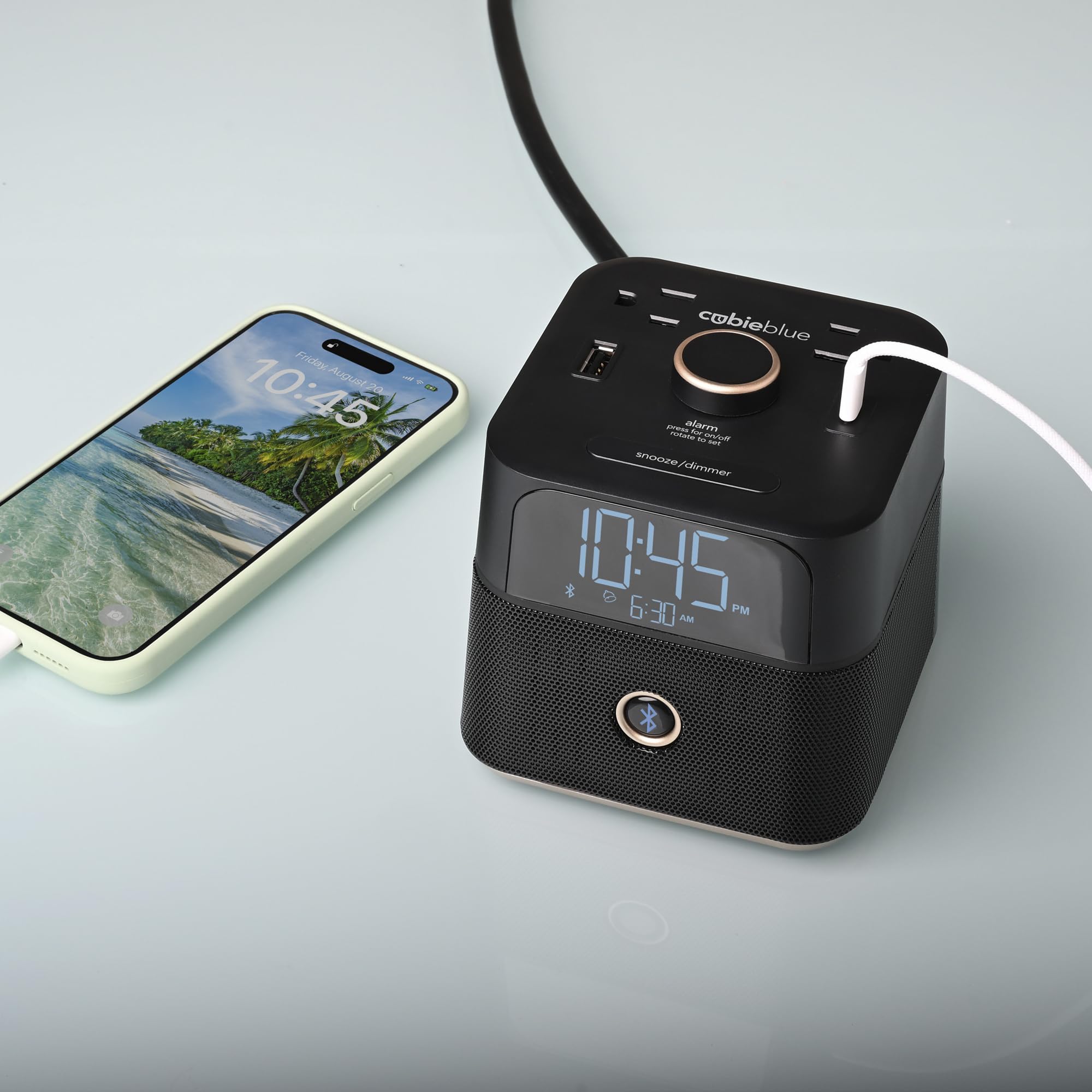Brandstand | CubieBlue | User Friendly & Convenient Alarm Clock Charger | 2 USB Ports | 2 Tamper Resistant Sockets | Brandstand Bluetooth Speaker