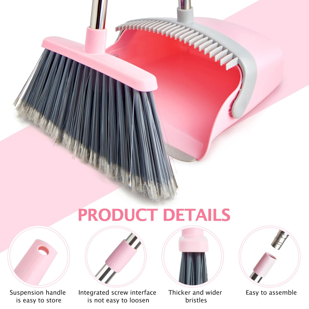 Broom and Dustpan Set with Long Handle, Heavy Dust Broom and Dustpan Combo for Home，Kitchen, Office, Pet Hair(Beige)