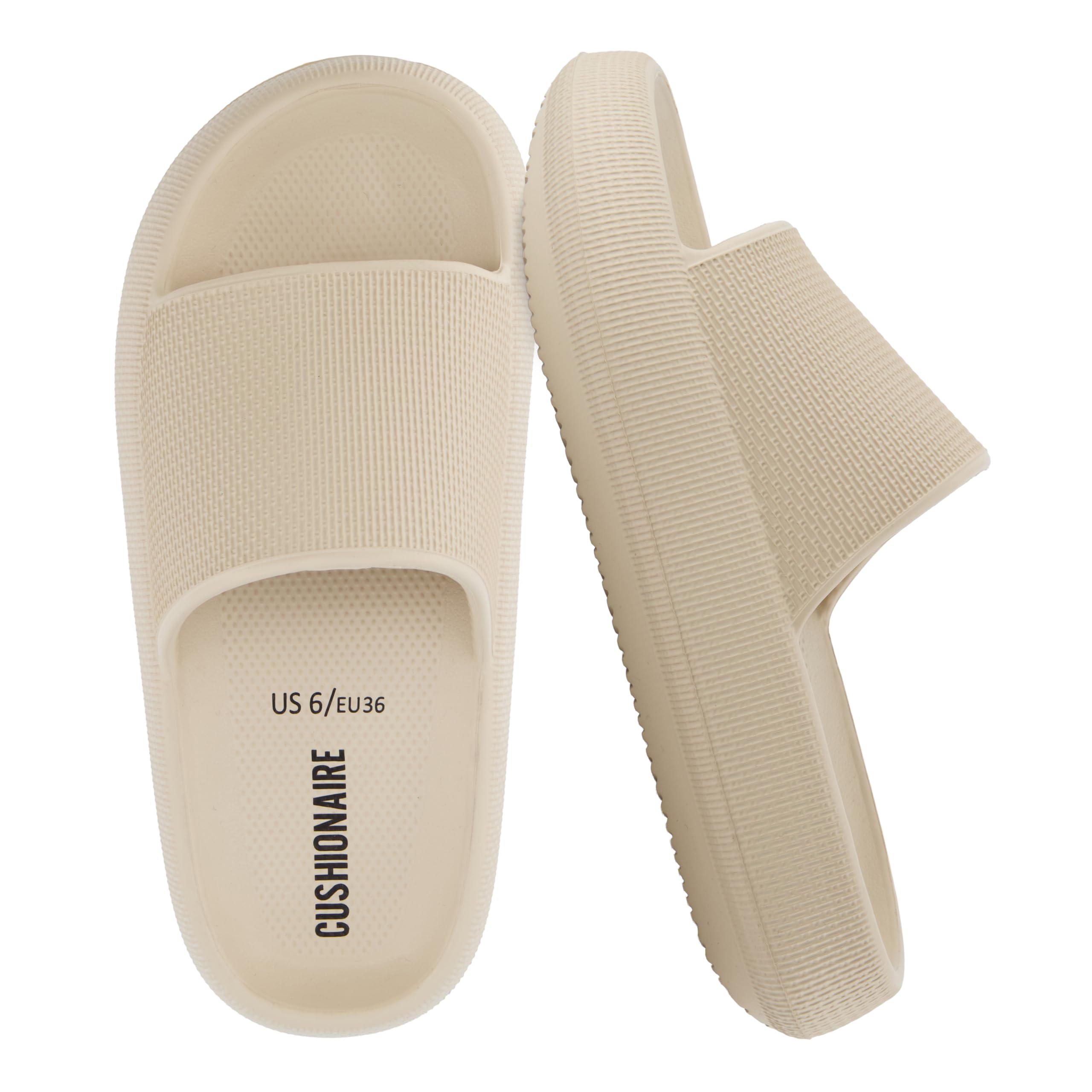 CUSHIONAIRE Feather EVA Slides for Women – Comfortable Slip On Womens Slippers, Indoor Outdoor Shower Shoes, Beach Essential Cloud Slides