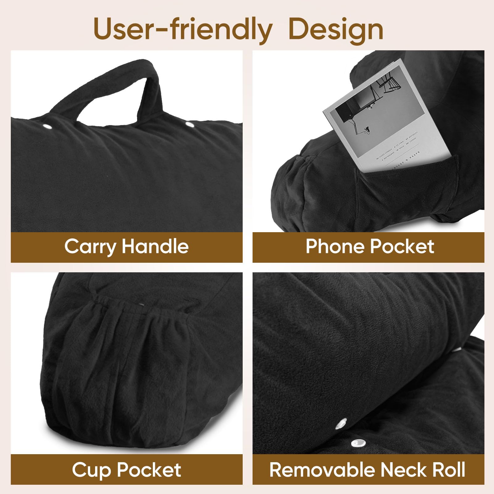 OAISZ Reading Pillow for Sitting in Bed Adult, Reading Pillow with Shredded Memory Foam, Bed Pillow with Washable Cover, Back Pillow Sitting Up with Extend Arms, Beige, X-Large