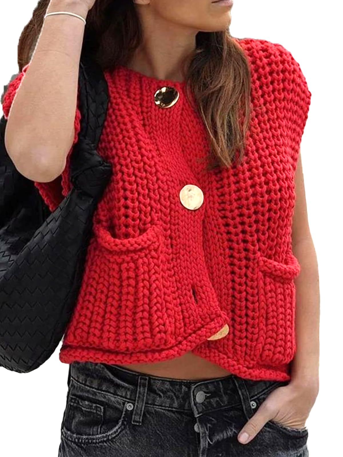 KEOMUD Women's Sleeveless Cropped Knit Cardigan Casual Button Down Crochet Sweater Vest Tops with Pockets