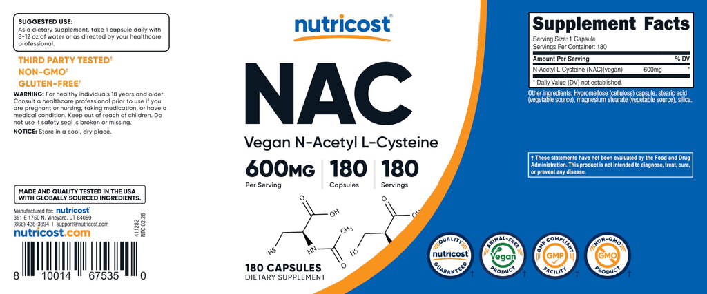 Nutricost N-Acetyl L-Cysteine (NAC) 600mg, 30 Vegan Capsules - GMO Free, Gluten Free, Vegetarian Caps