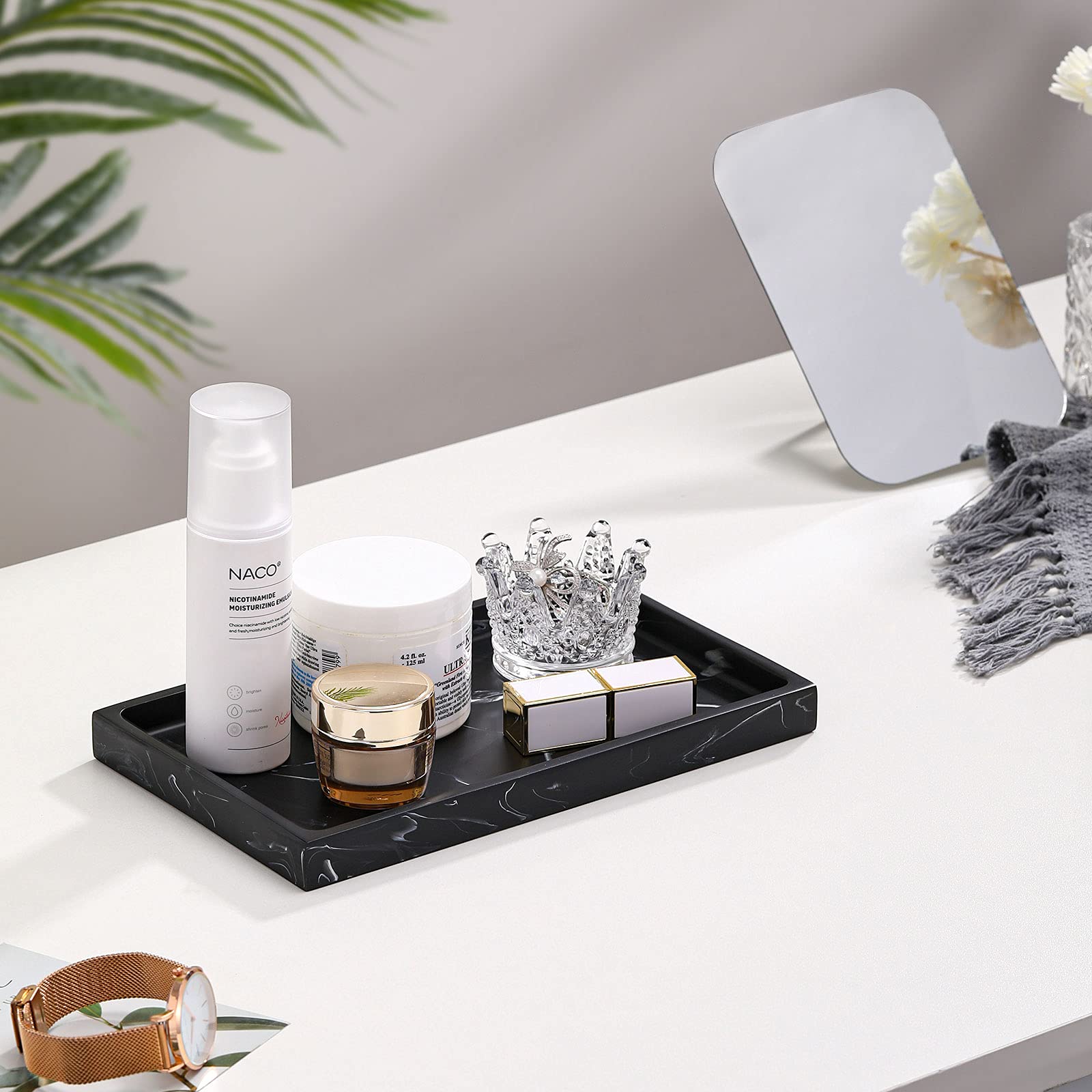 Luxspire Bathroom Vanity Tray, Resin Dresser Jewelry Ring Dish Tank Storage Kitchen Sink Countertop Organizer Plate Holder for Perfume Candles Soap Towel Plant Bathroom Accessories, M, Matte Black