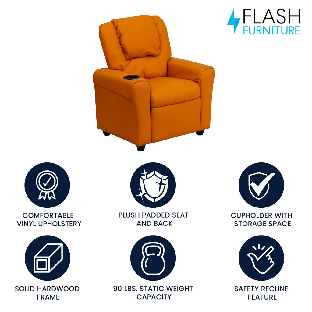 Flash Furniture Vana Vinyl Kids Recliner with Cup Holder, Headrest, and Safety Recline, Contemporary Reclining Chair for Kids, Supports up to 90 lbs., Beige