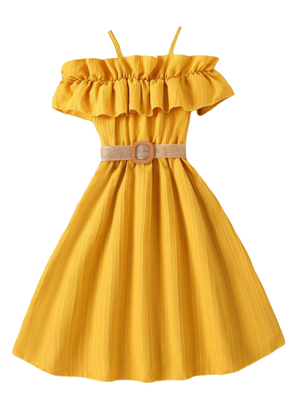 Floerns Girls Cold Shoulder Ruffle Trim Short Sleeve Belted A Line Midi Dress