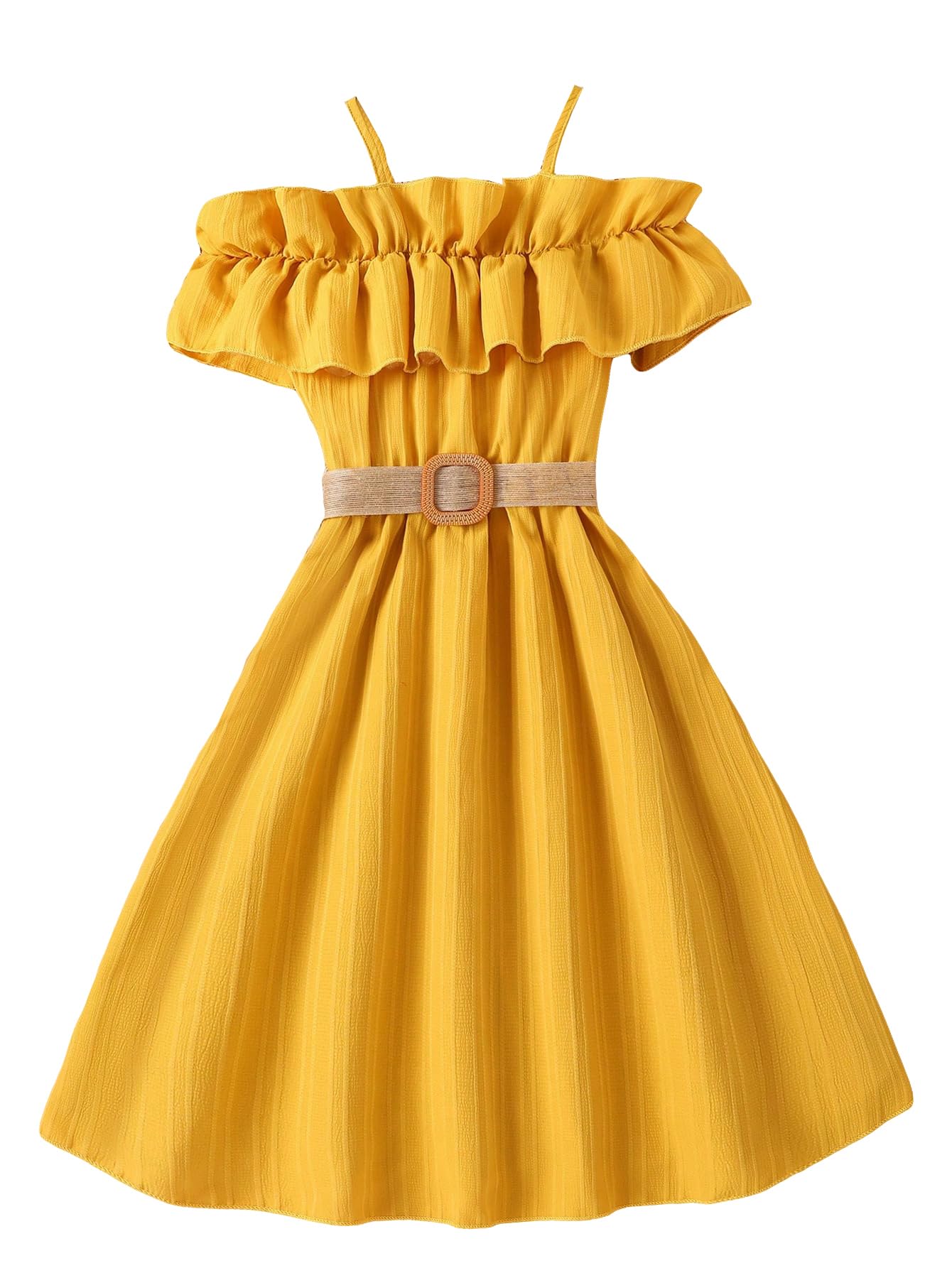 Floerns Girls Cold Shoulder Ruffle Trim Short Sleeve Belted A Line Midi Dress