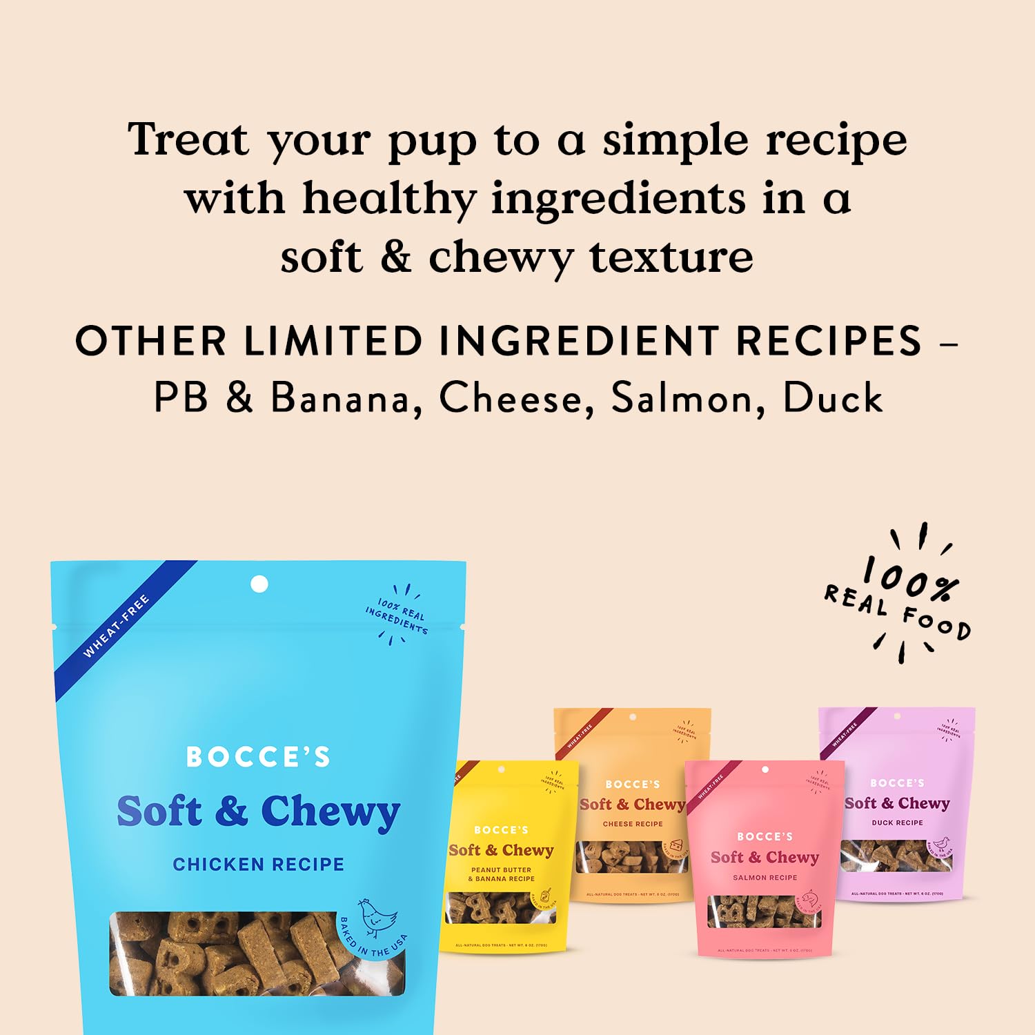 Bocce's Bakery Bac'n Nutty Soft & Chewy Dog Treats, Wheat-Free PB & Bacon Flavored All Natural Limited Ingredient Oven Baked Cookies for Dogs, 6 oz Bag