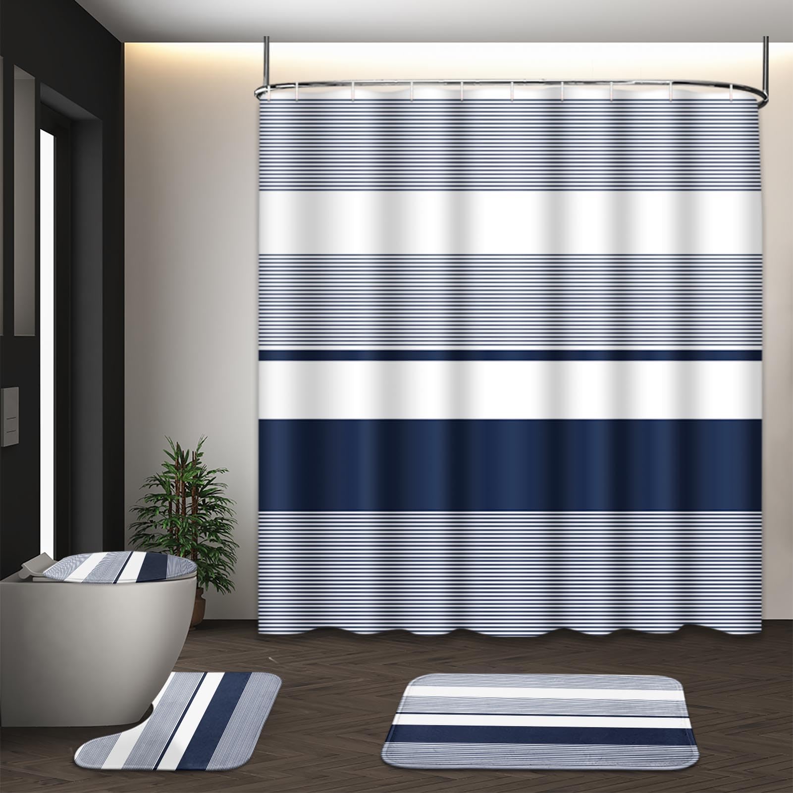 Beige Geometric Shower Curtain Set with Toilet Lid Cover and Non-Slip Rugs for Bathroom, Black Grey White Checkered 4 Pcs Shower Curtain, Modern Abstract Bathroom Set with 12 Hooks