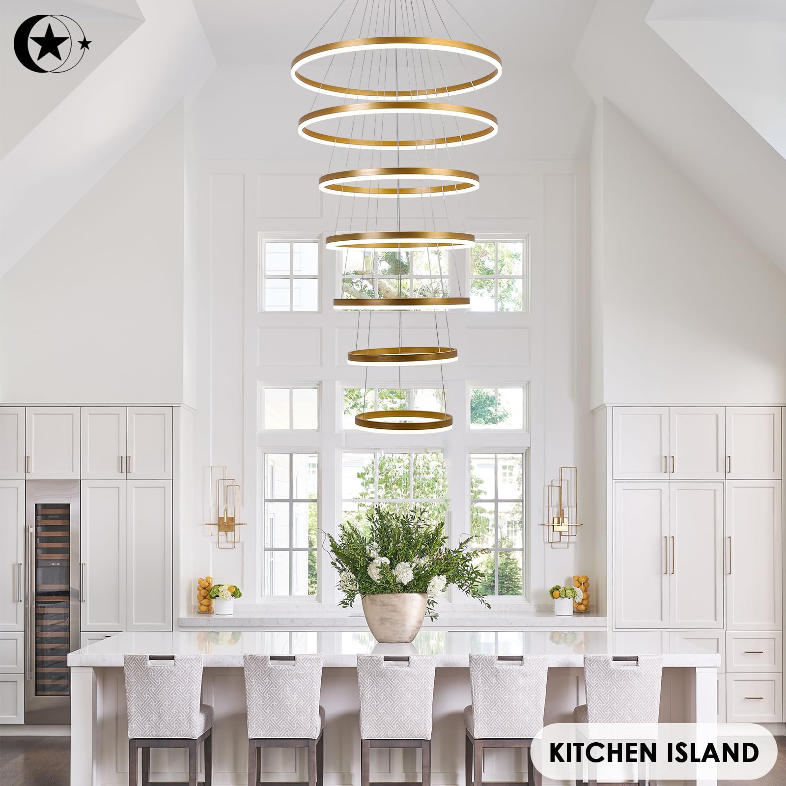 5-Rings Modern LED Chandelier Black Dimmable High Ceiling Chandelier for Dining Room with Remote Control for Foyer Living Room Entryway Staircase(D23.6’’, 3000K-6500K)