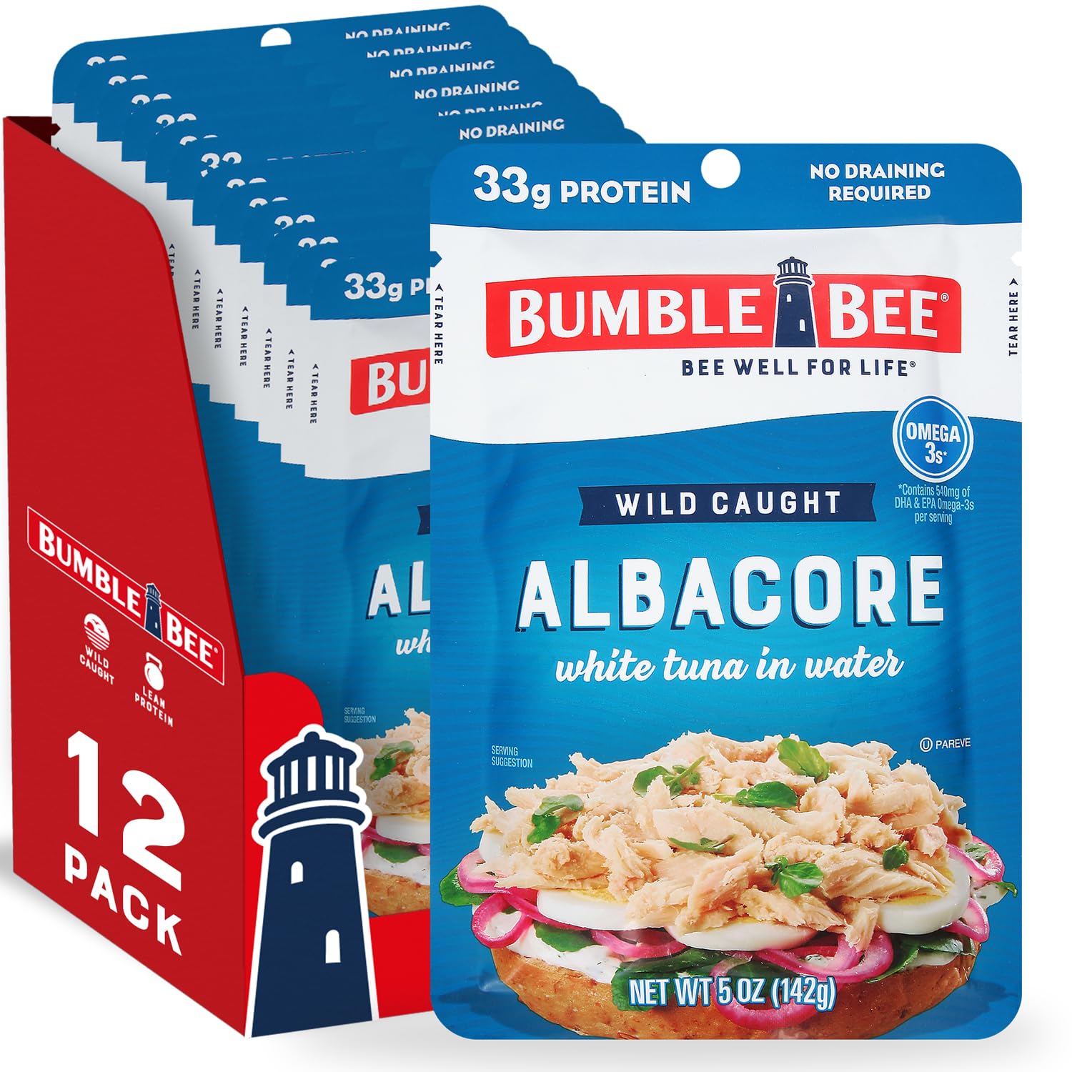 Bumble Bee Lemon & Garlic Seasoned White Albacore Tuna in Water, 2.5 oz Pouch - Wild Caught Tuna - 15g Protein per Serving, High in Omega-3s - Non-GMO, Gluten Free - No Draining Required
