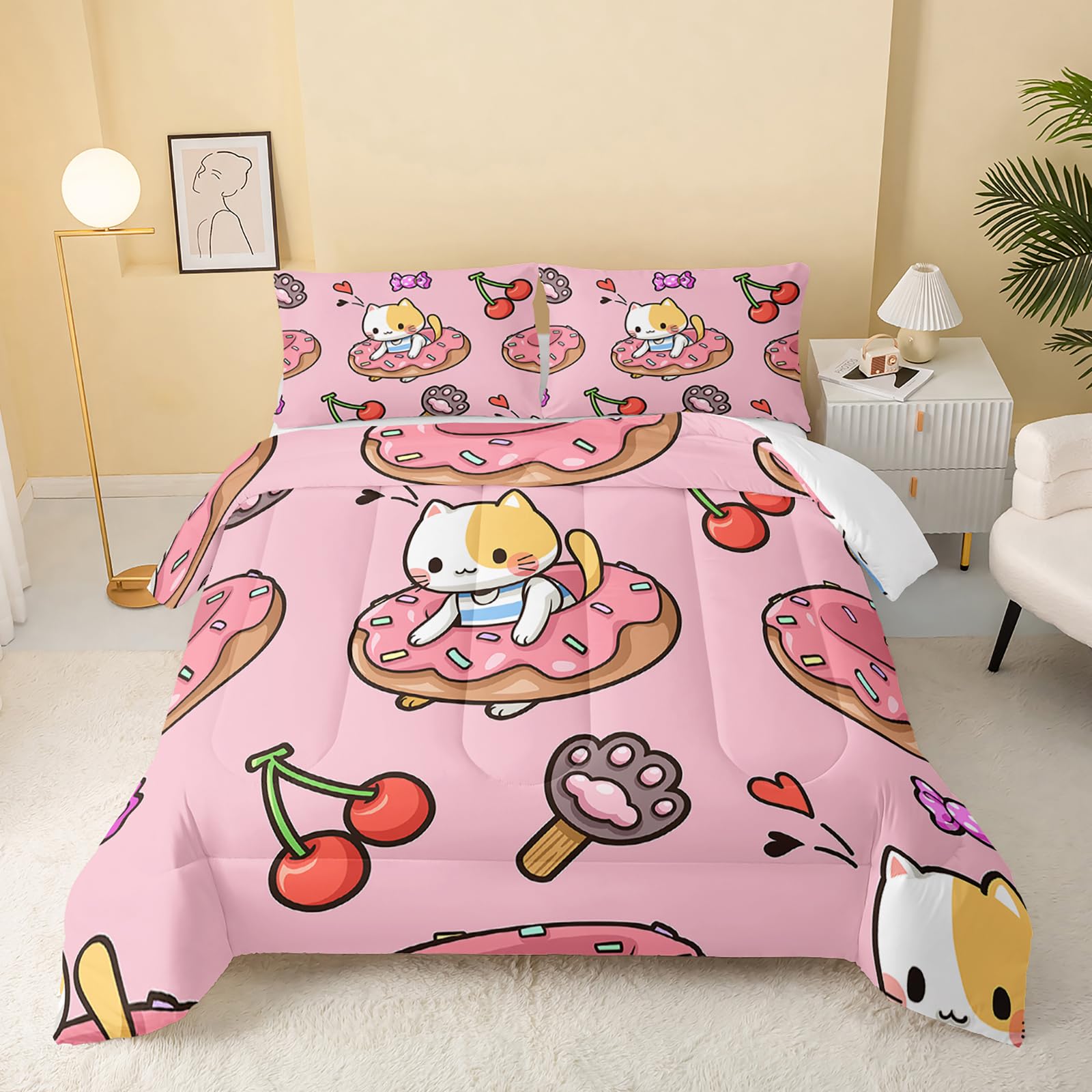 QOOMO Floral Cat Comforter Twin Size,Pink Cat Bedding Set for Kids Teens Girls,3Pcs Bedding Set Printed Comforter with 2 Pillowcases,Down Alternative,Soft and Lightweight(Pink，Twin Size)
