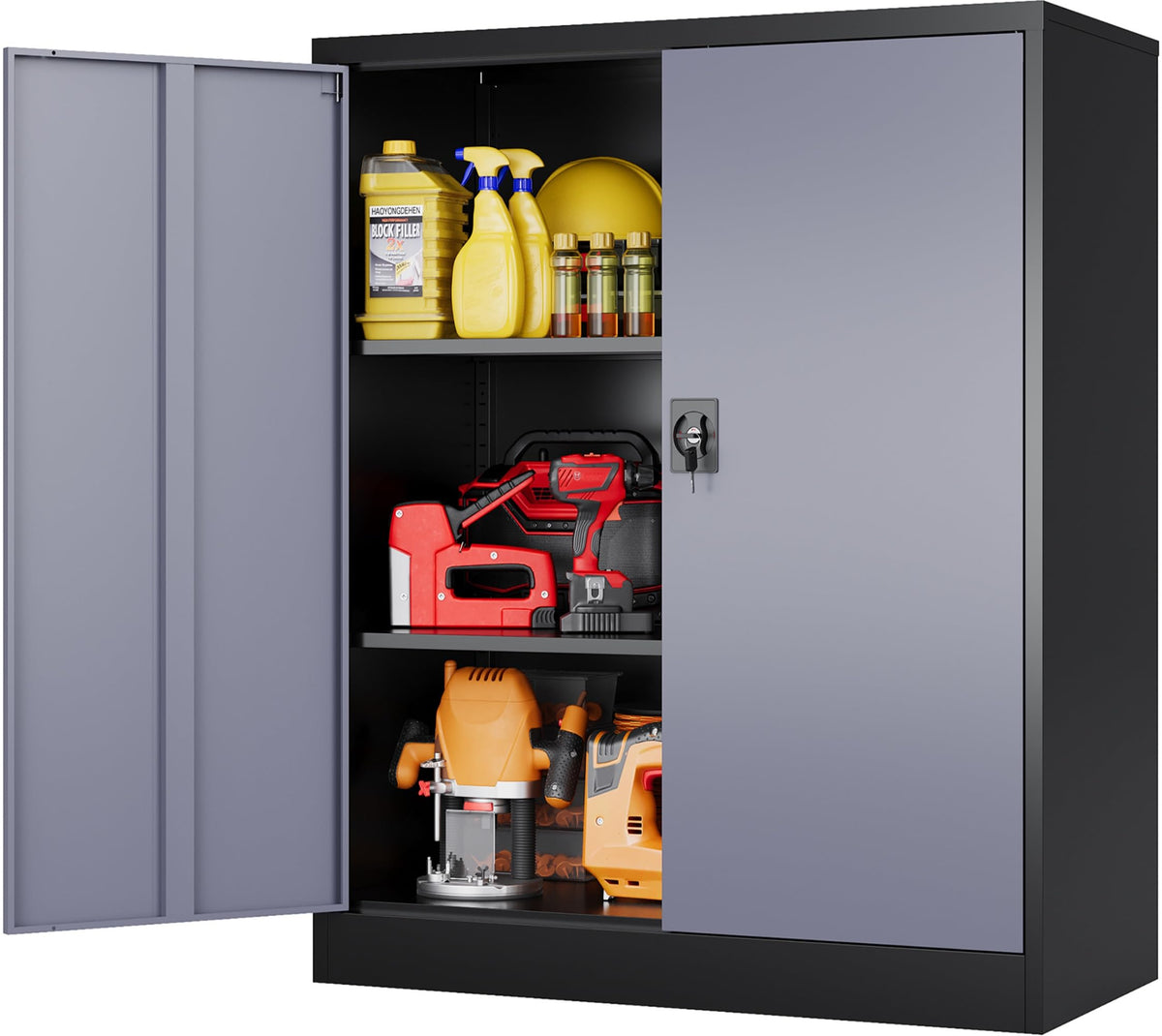 SISESOL Wide & Deep Metal Storage Cabinet with Wheels,Tall Rolling Garage Storage Cabinet with Lock,Black Metal Cabinets with Pegboards and Shelves,Tool Locker for Garage,Home,Office,43''Wx 20''Dx71"H