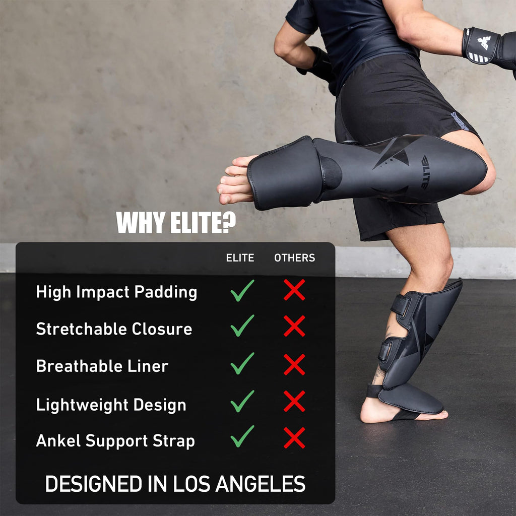 Elite Sports Muay Thai Shin Guards Kickboxing MMA Muay Thai Leg Instep Protective Pads, Martial Art Kicking Sparring Training Gear for BJJ Karate Boxing Taekwondo